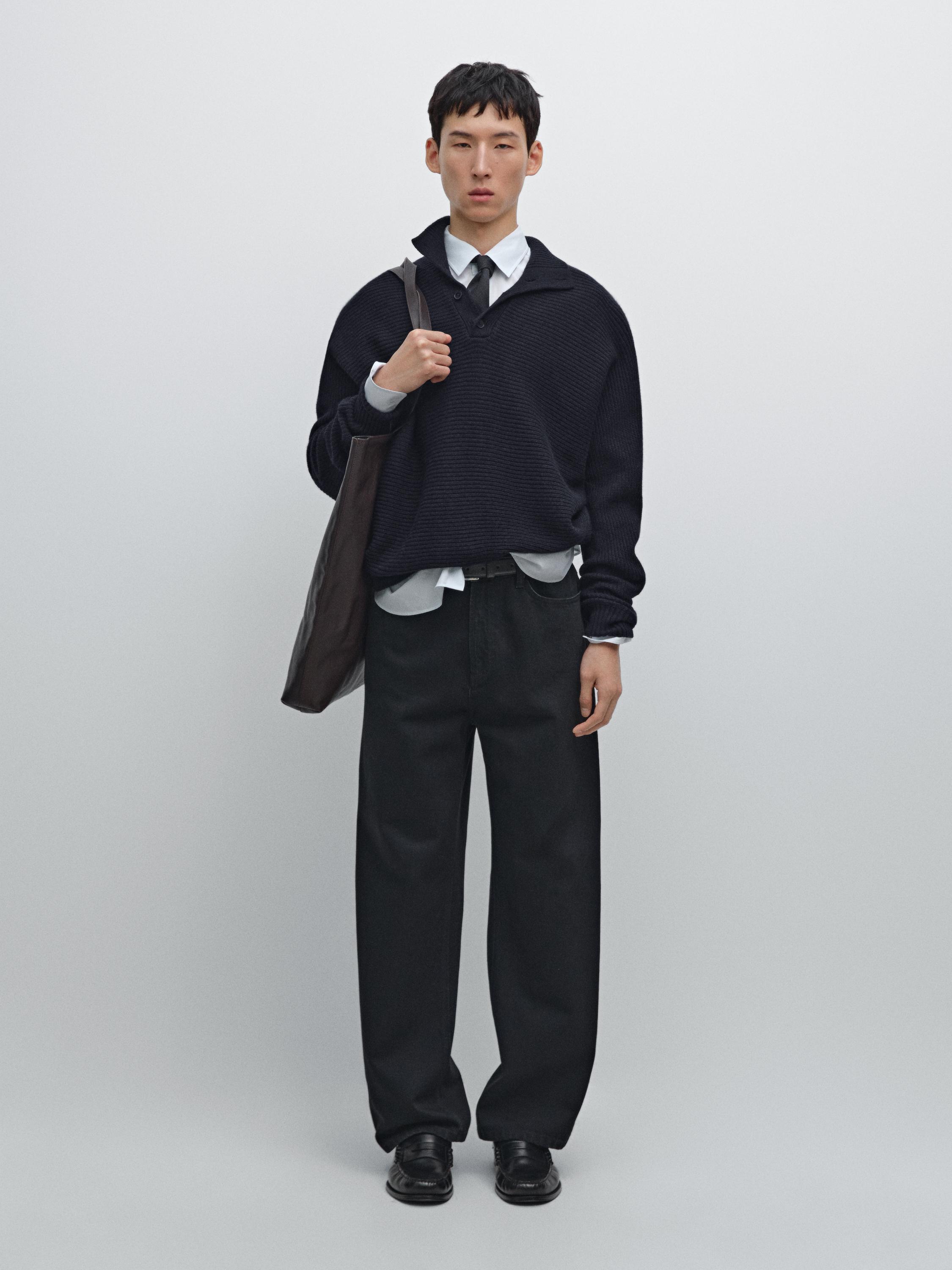 Knit sweater with mock button neck