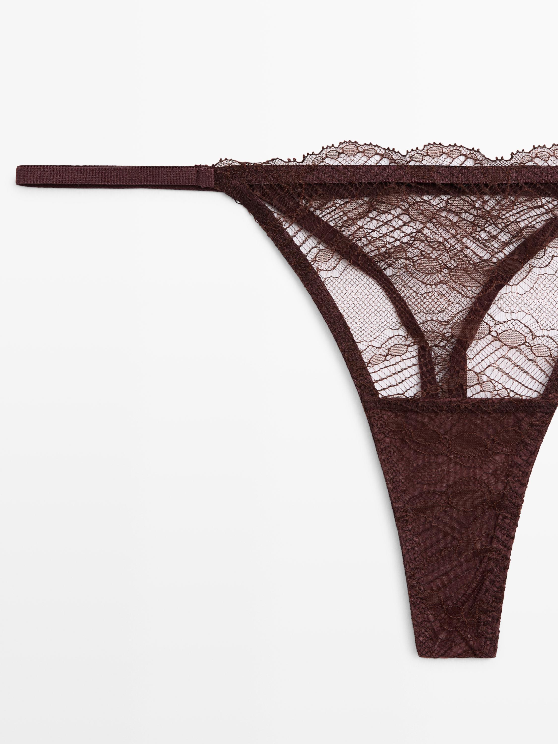 Scalloped lace thong — BROWN