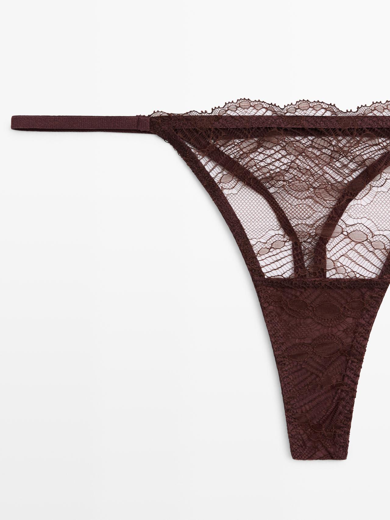 Scalloped lace thong — BROWN