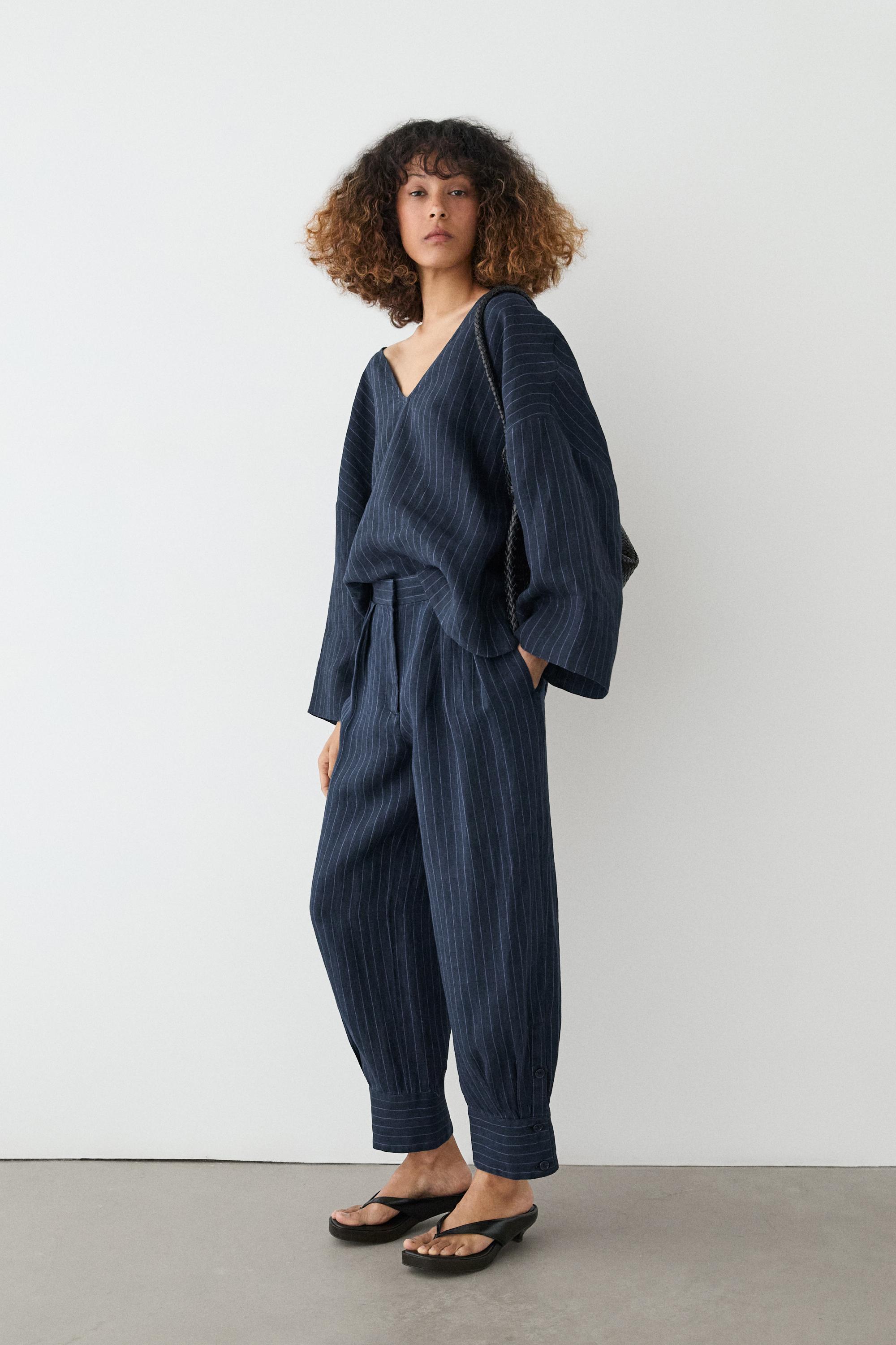 Striped linen blouse with back detail — DARK BLUE