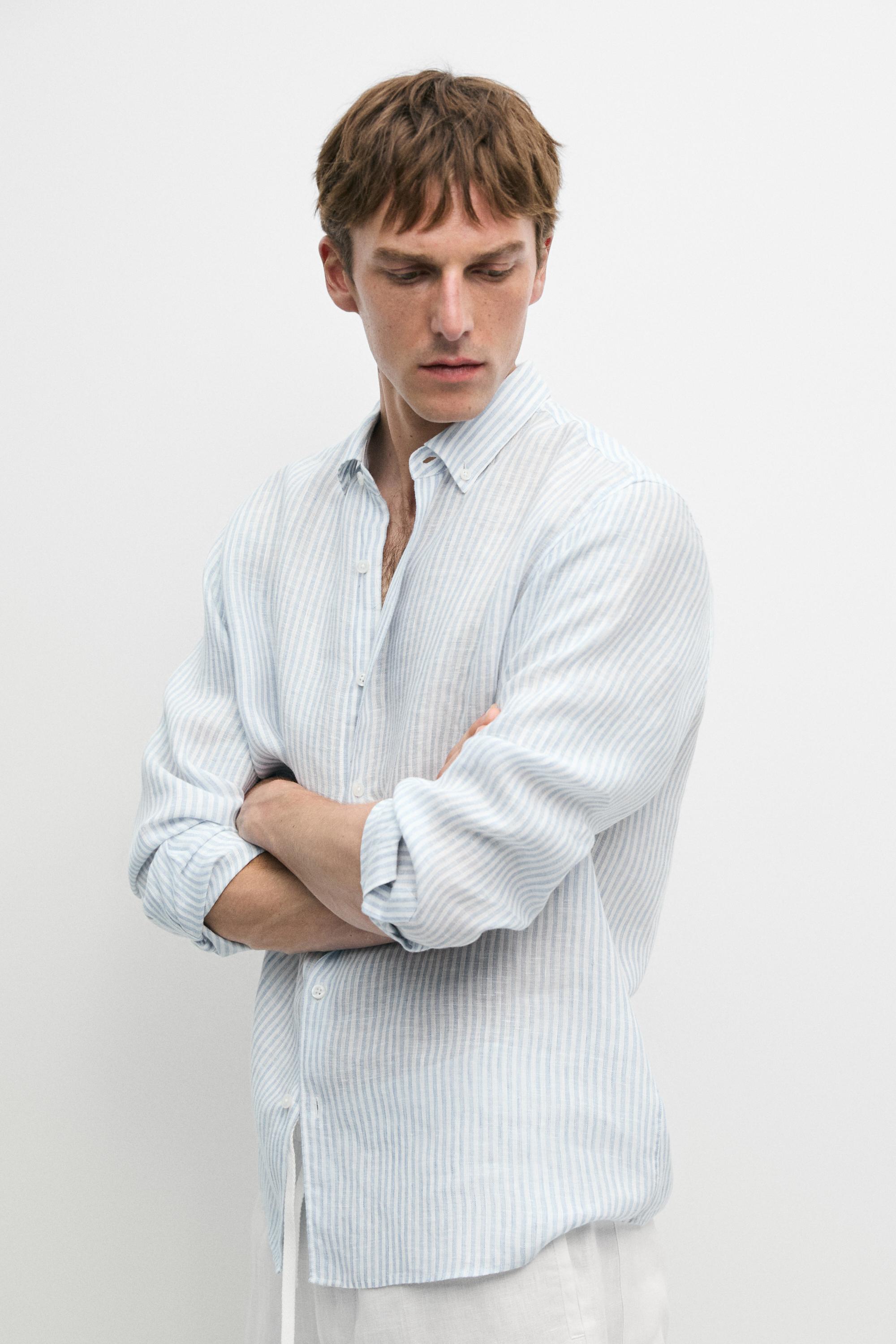 100% linen regular fit striped shirt — Sky blue