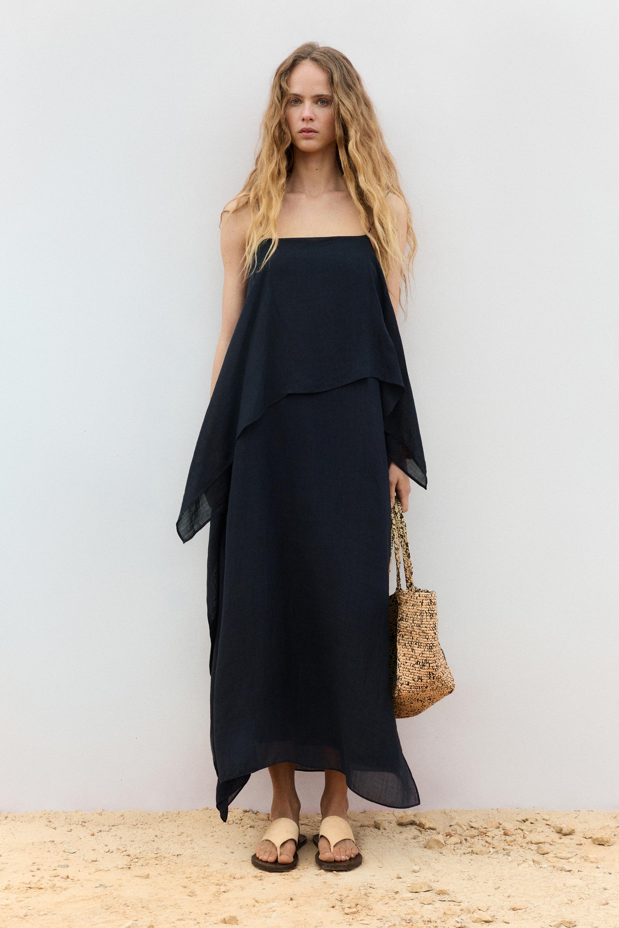 Midi dress with asymmetric ruffle detail — Dark Blue