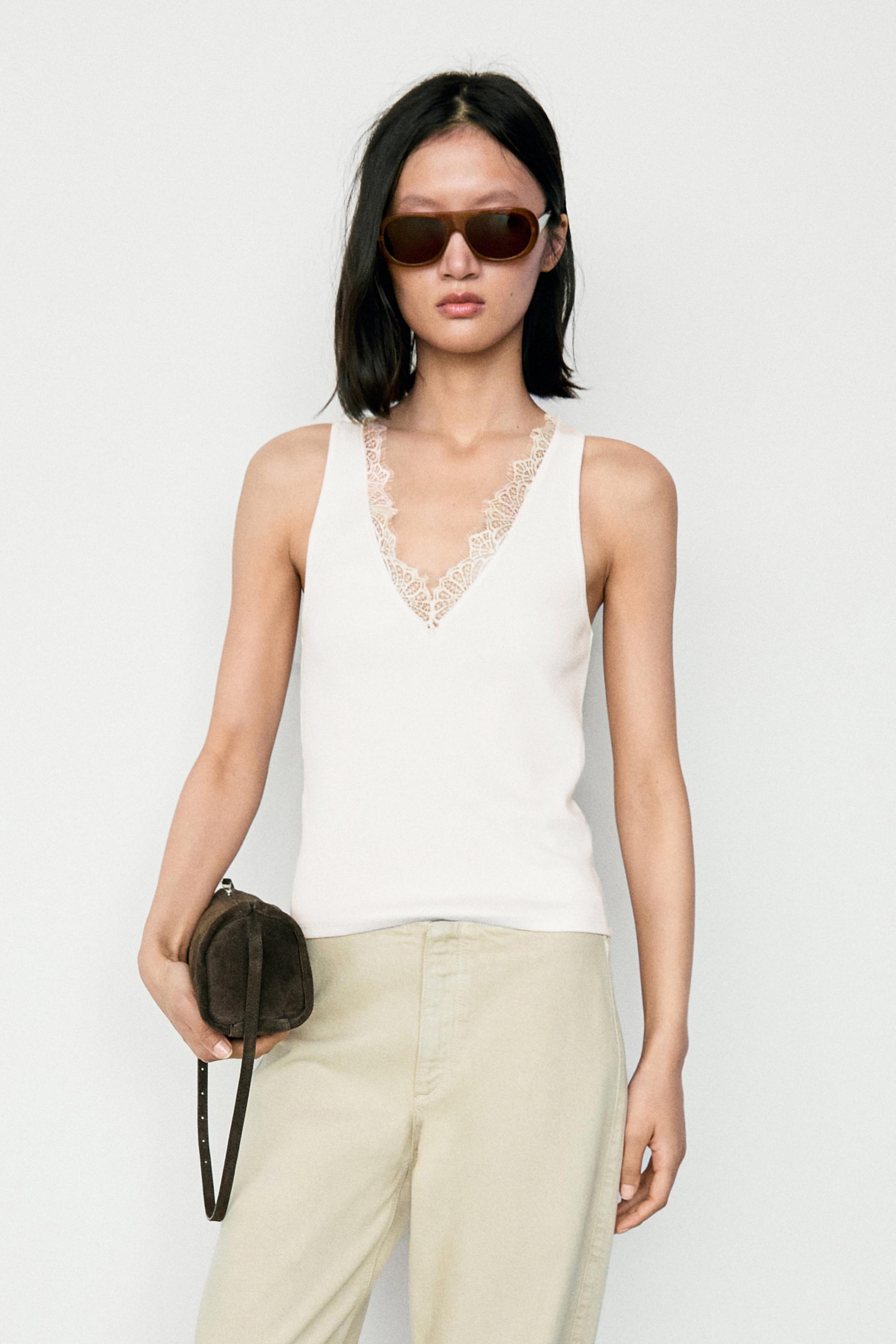 V-neck lace trim camisole top — CREAM