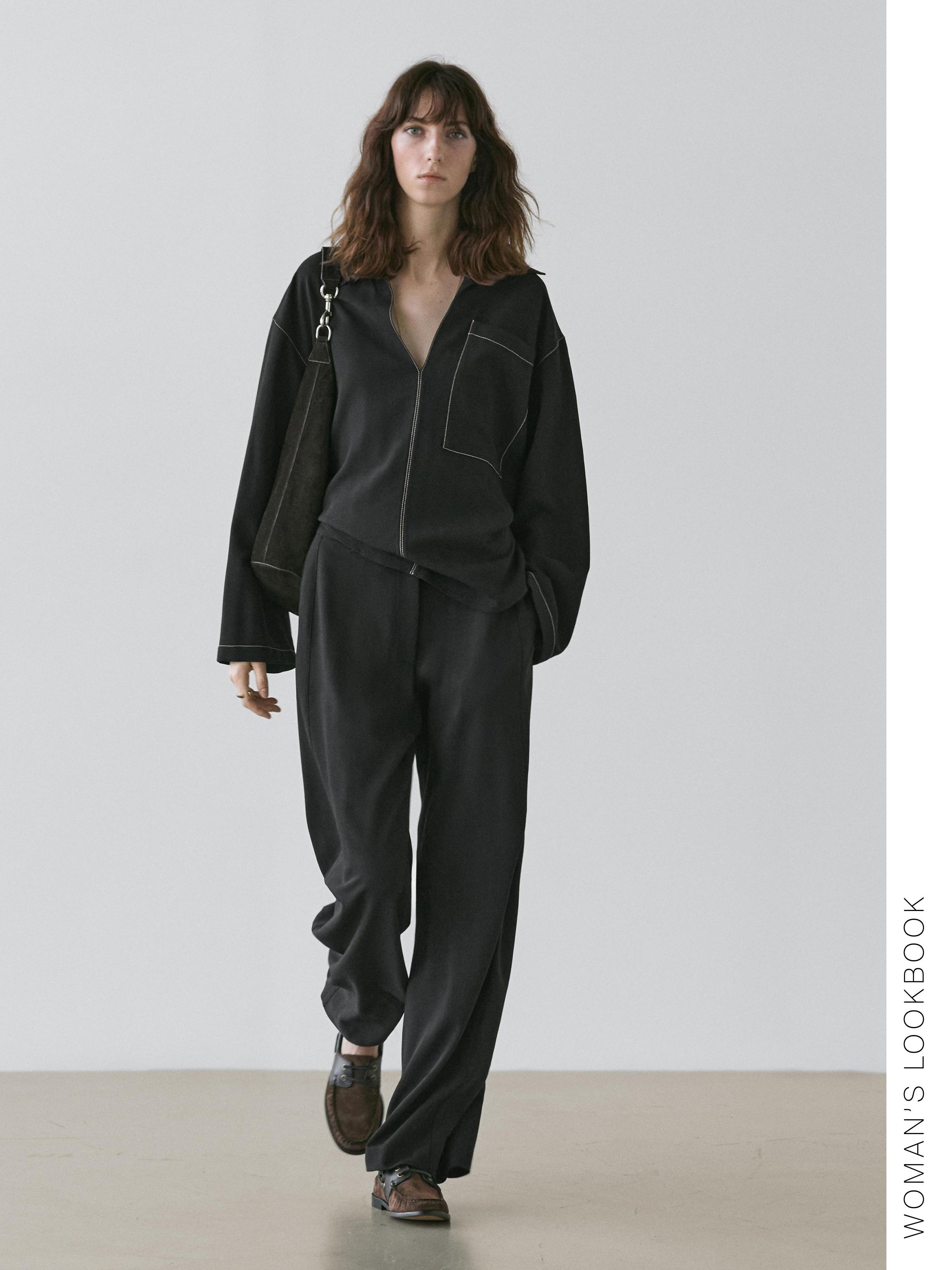 Wool blend trousers with seam detail — BLACK