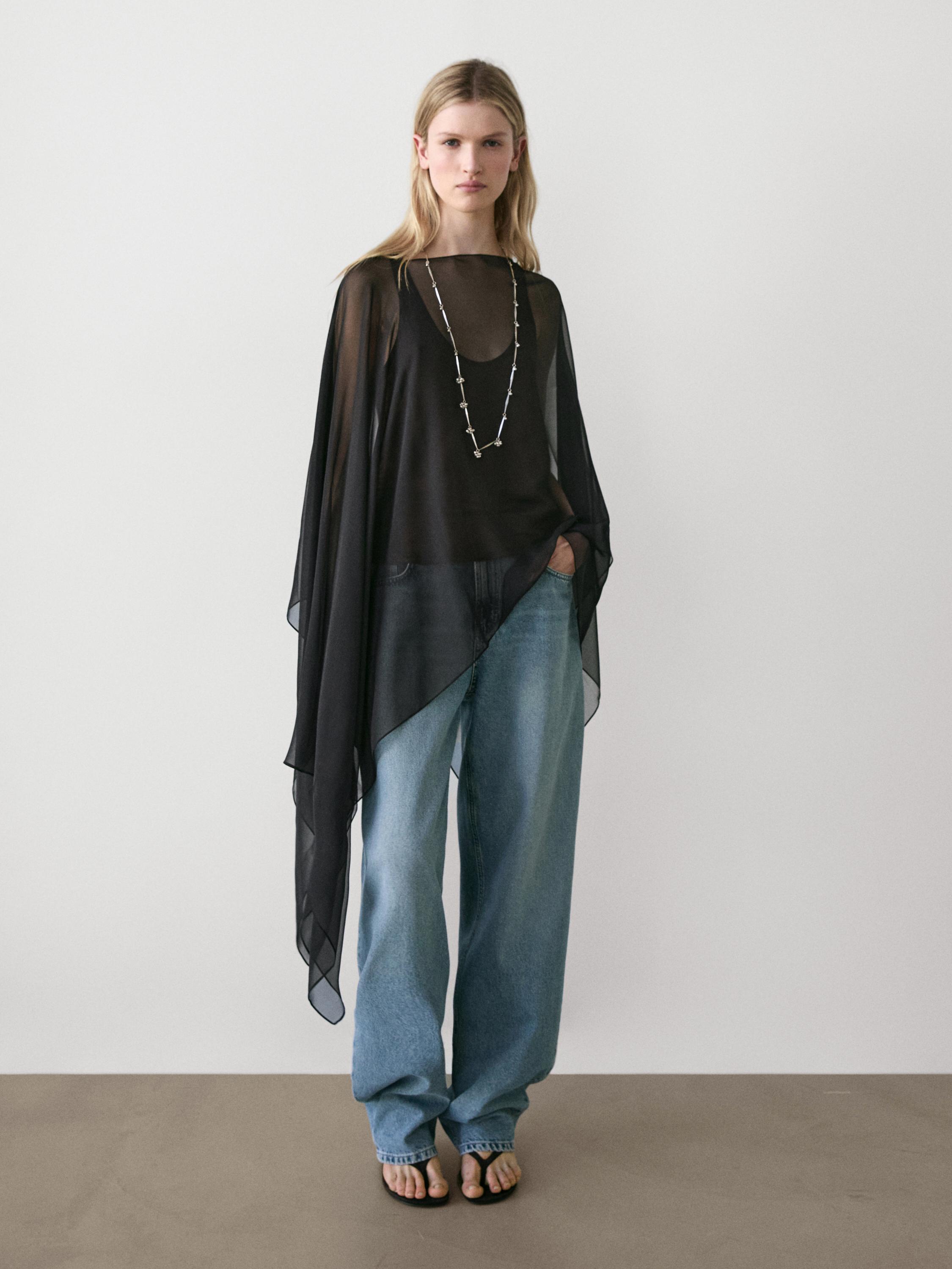 Asymmetric cut silk cape — BLACK