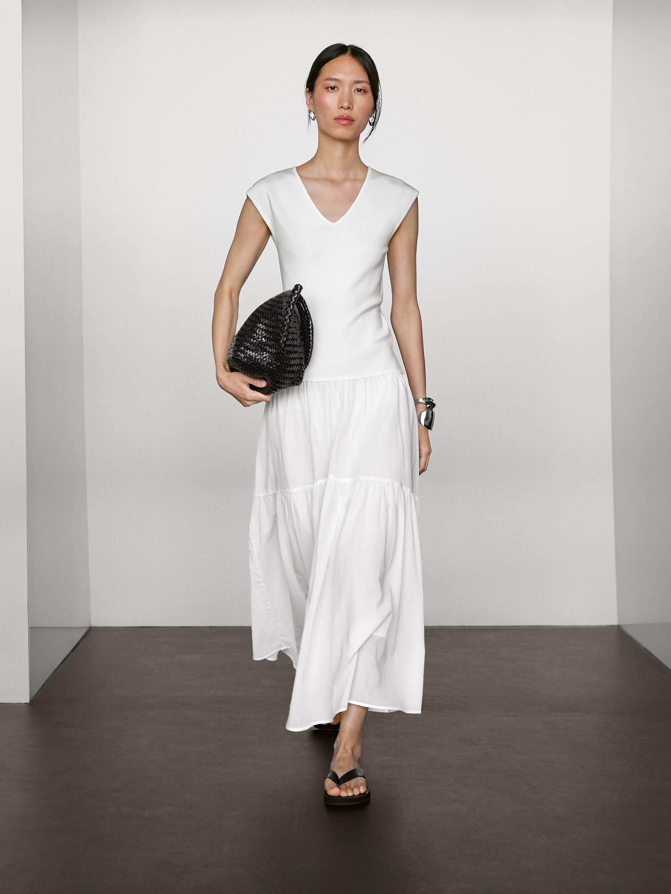 massimo dutti white maxi dress Flowing 100% Linen Midi Dress - White - Xs - Massimo Dutti