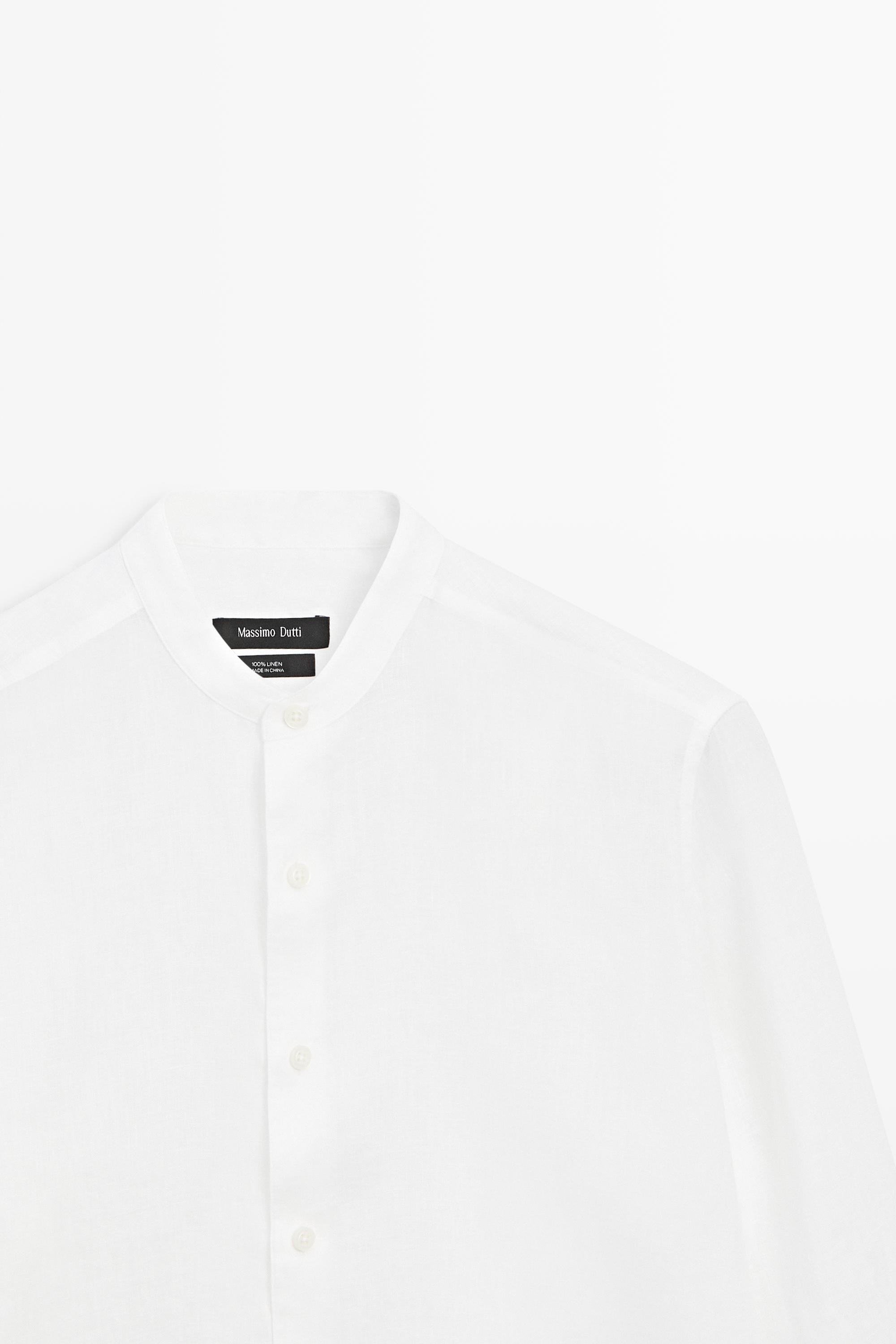 100% linen regular fit stand collar shirt — WHITE