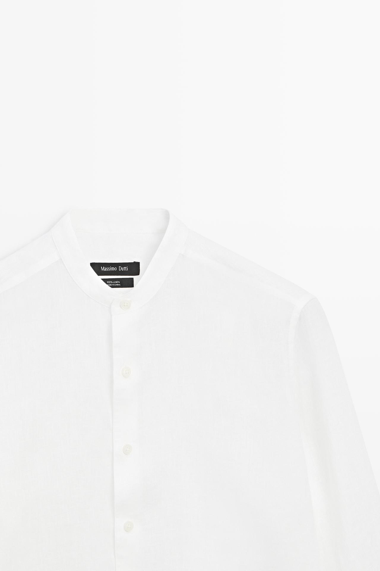 100% linen regular fit stand collar shirt — WHITE