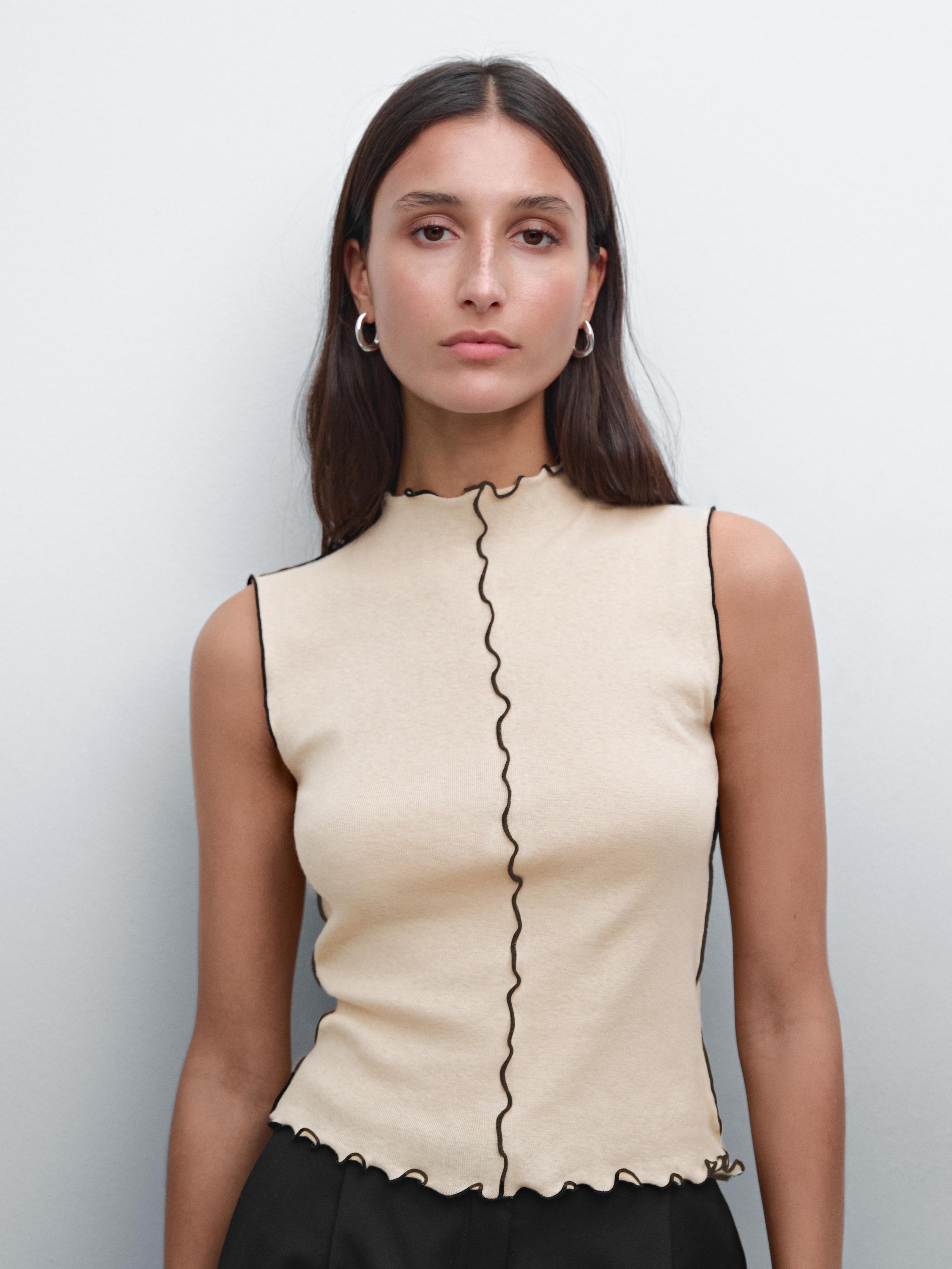 Funnel neck top with trims