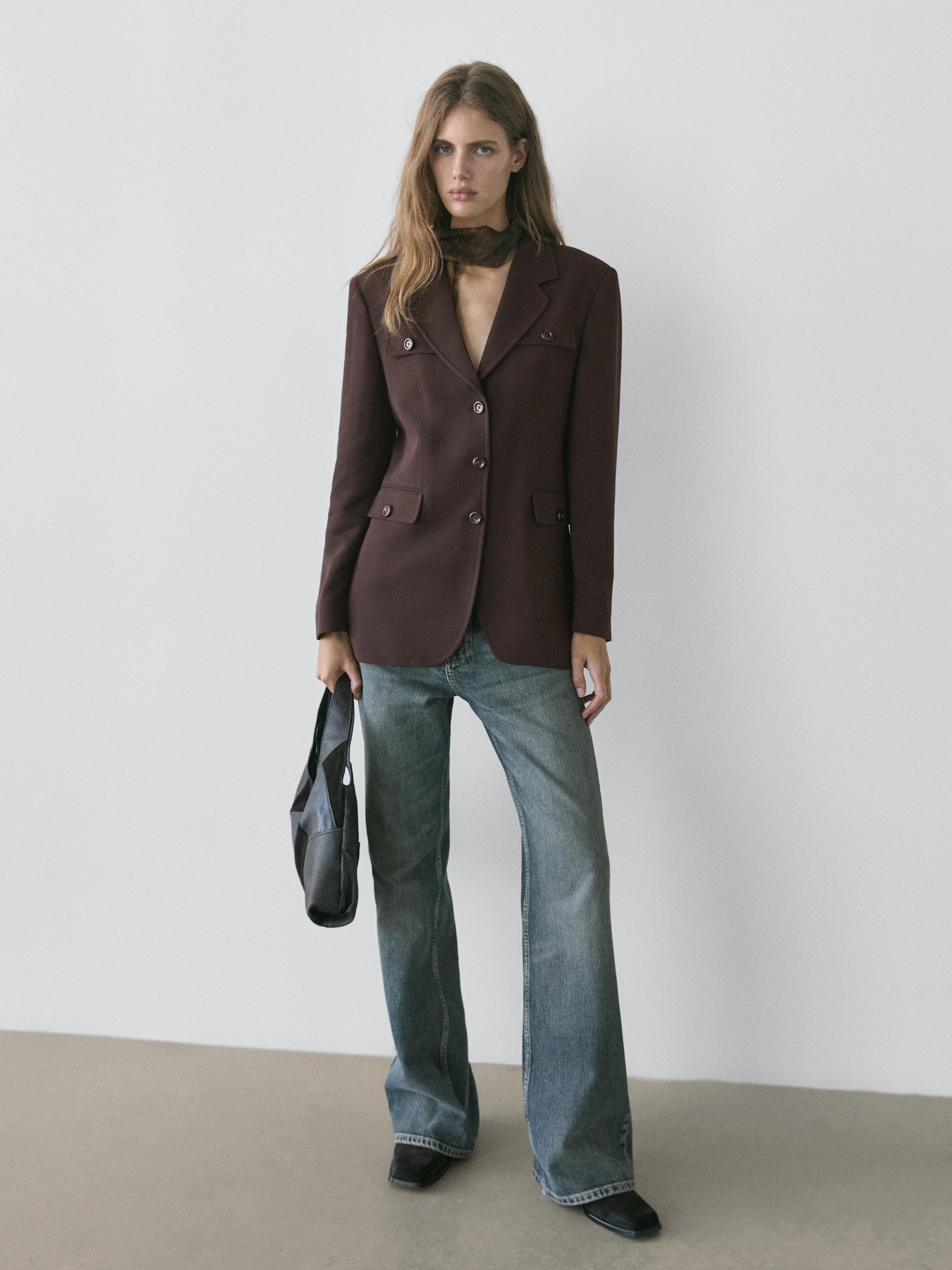 Blazer with pockets and lapel collar — Chocolate
