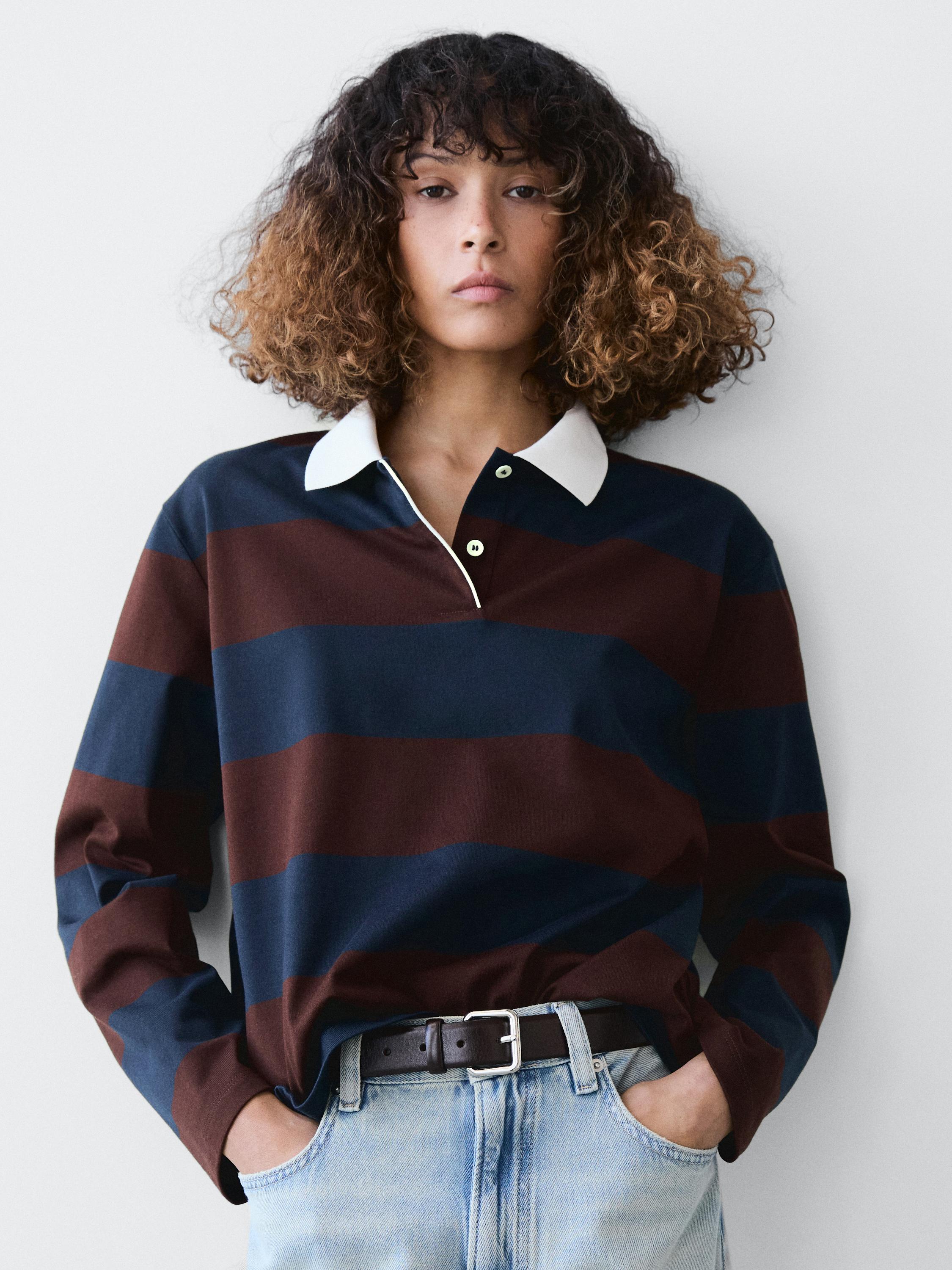 Striped long sleeve cotton polo shirt