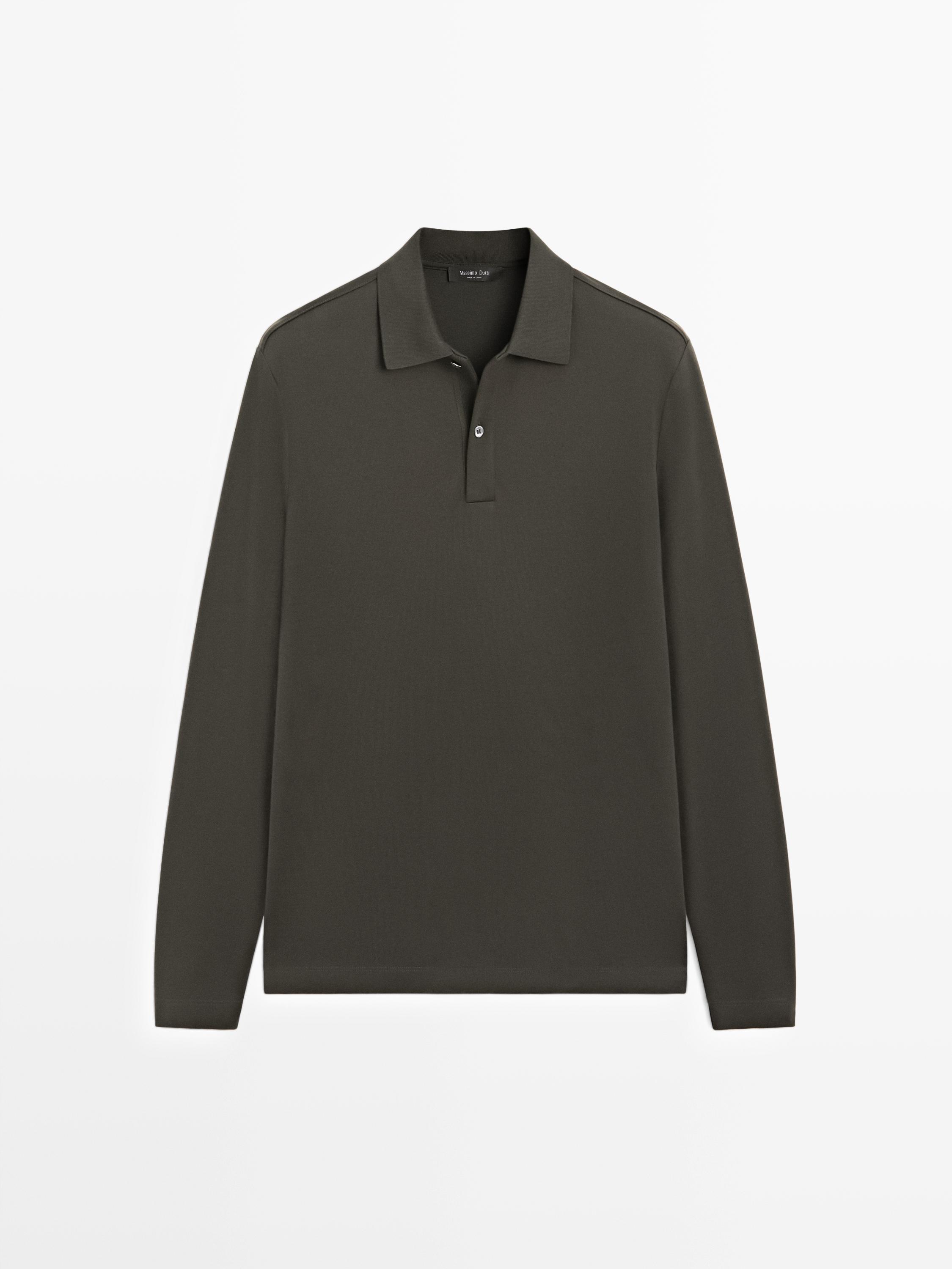 Long sleeve polo shirt with ribbed detail — CHARCOAL GREY