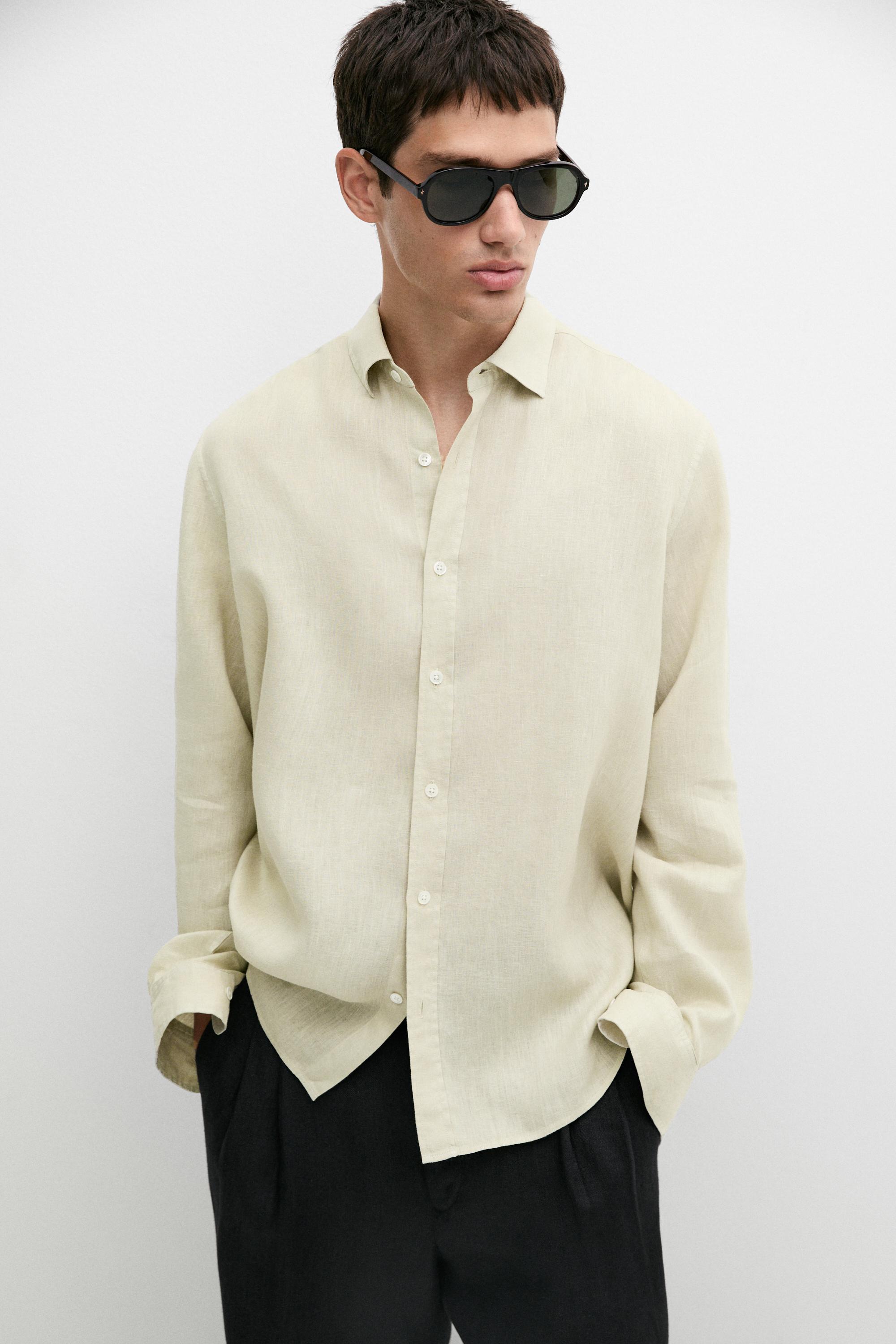 Slim fit 100% linen shirt — PALE GREEN