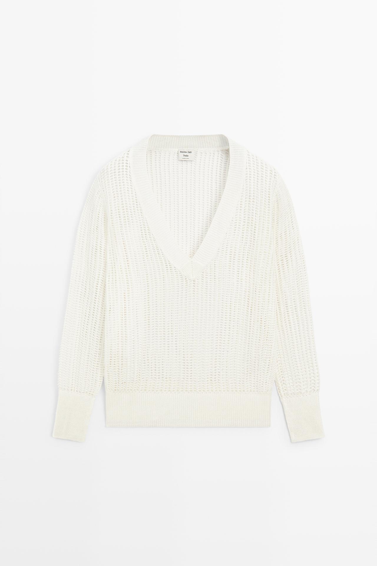 V-neck cutwork sweater - STUDIO — WHITE