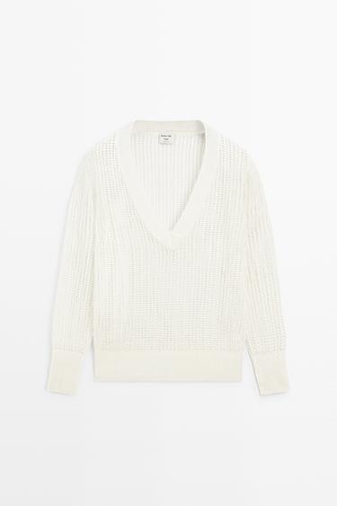V-neck cutwork sweater - STUDIO — WHITE 2