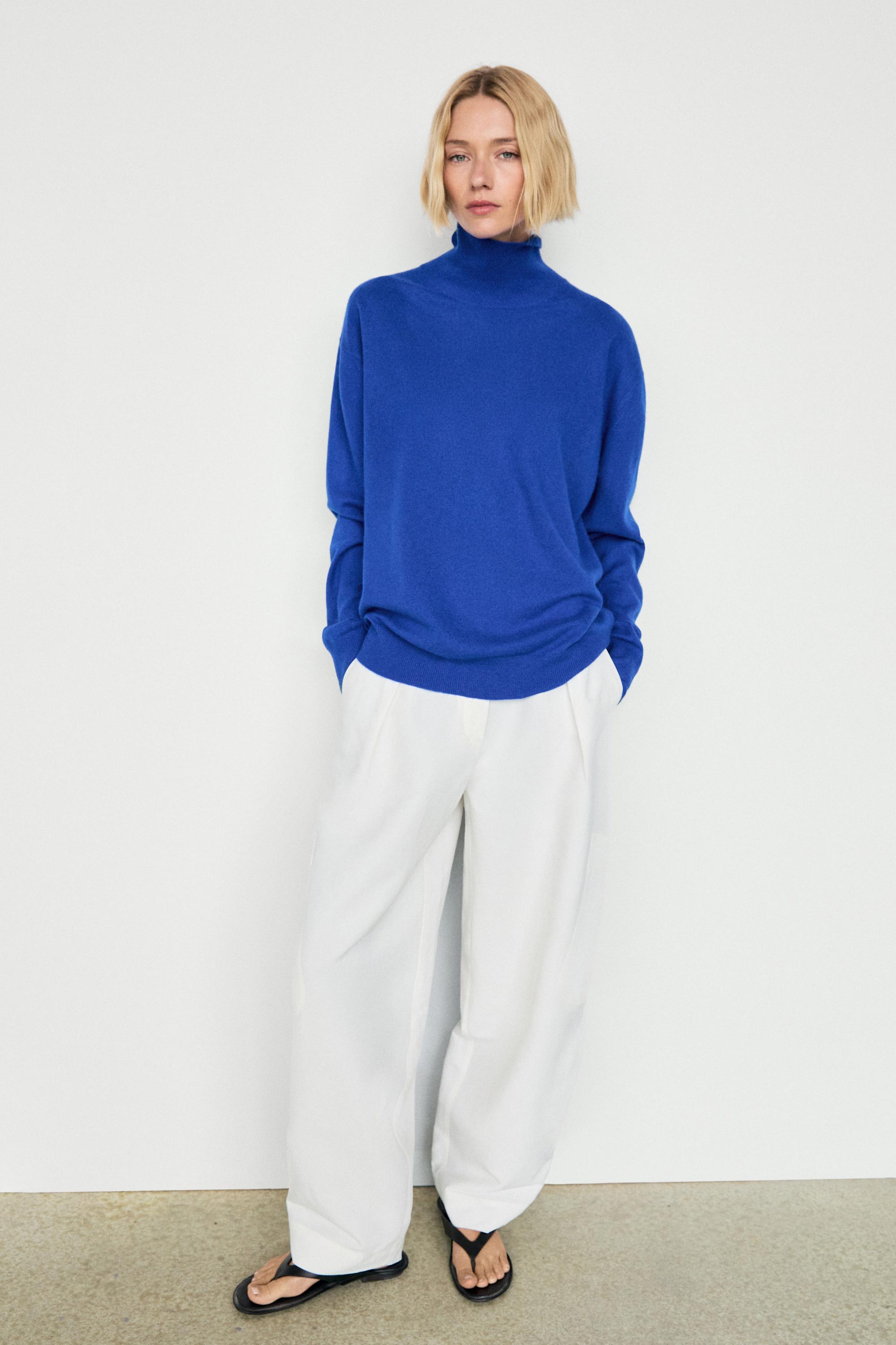 100% cashmere high neck knit sweater — DEEP BLUE