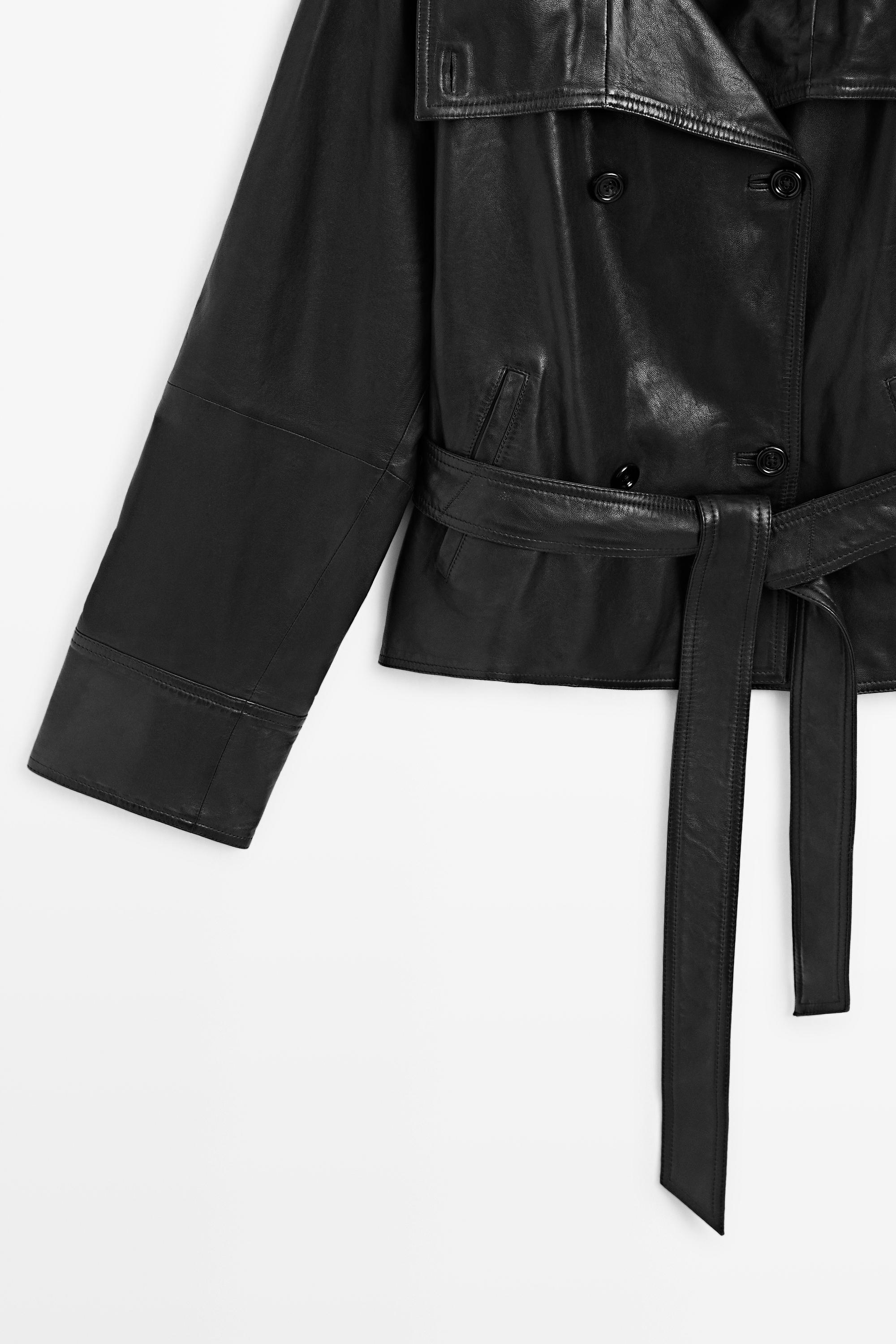 Short high neck leather trench coat — BLACK