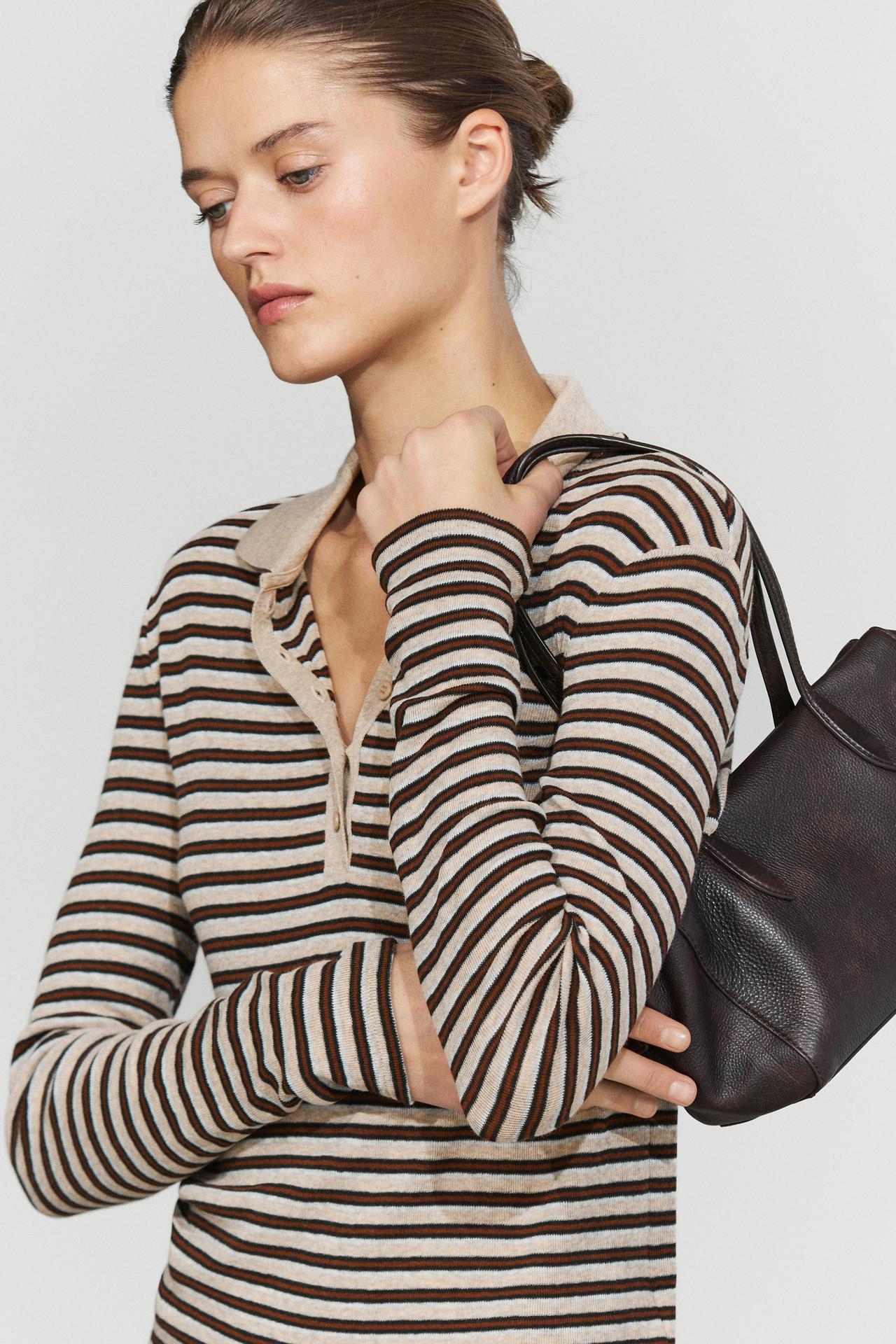 Long sleeve striped wool-blend polo — MINK