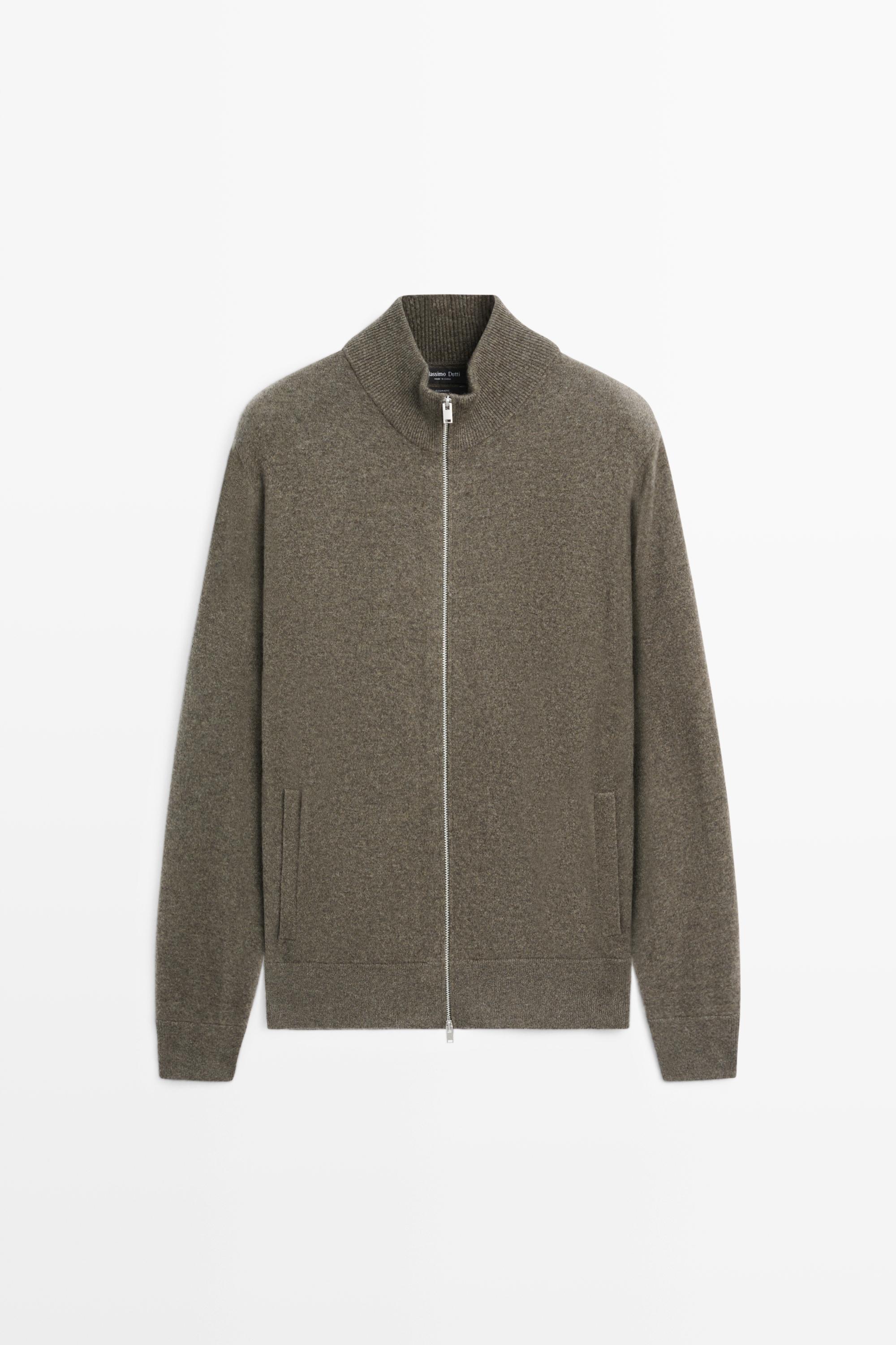 100% cashmere zip-up knit cardigan — GREENISH