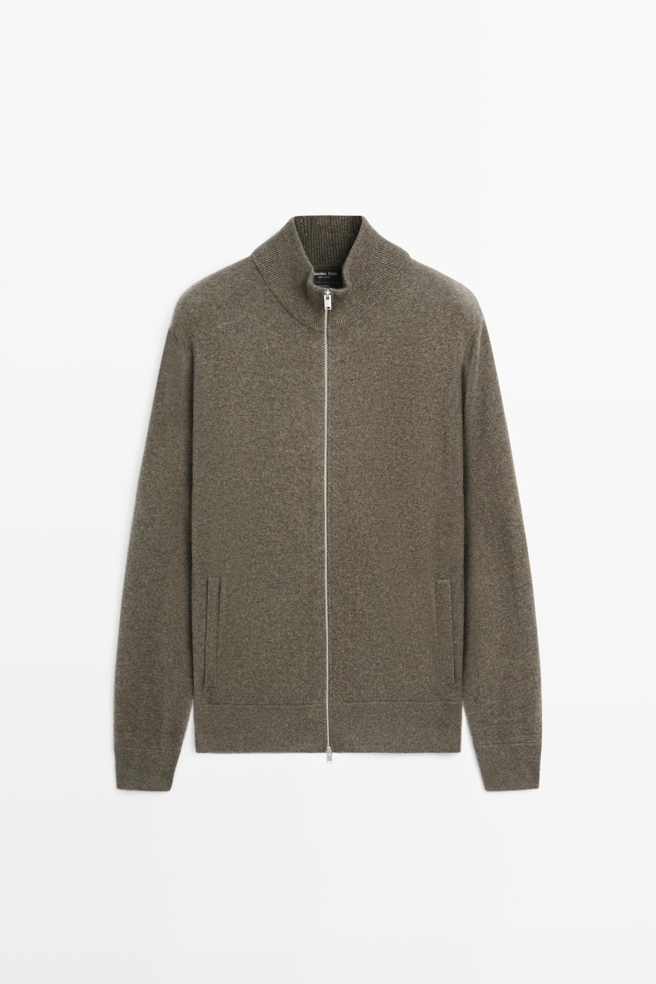 100% cashmere zip-up knit cardigan — GREENISH