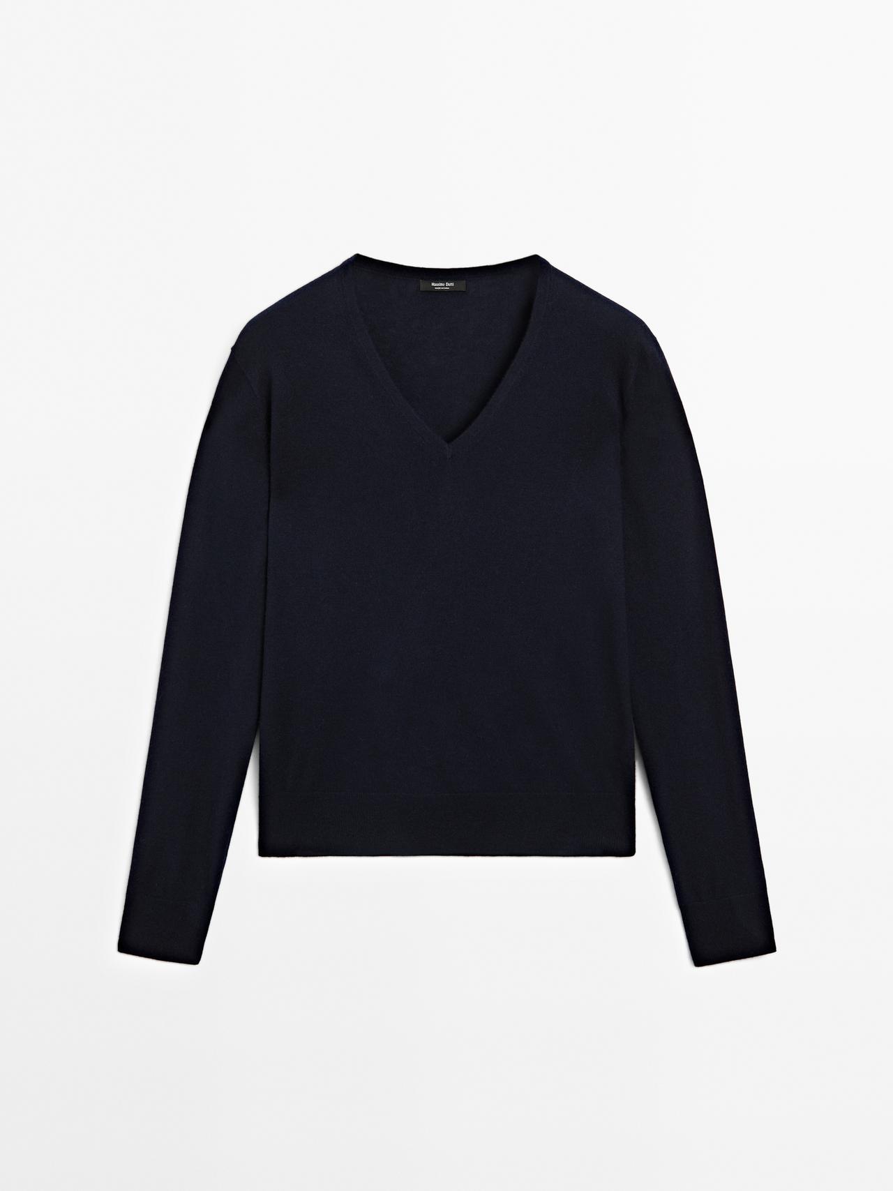 Massimo Dutti - Dame - Striktrøje I Uldblanding Med V-Udskæring - Marineblå - S