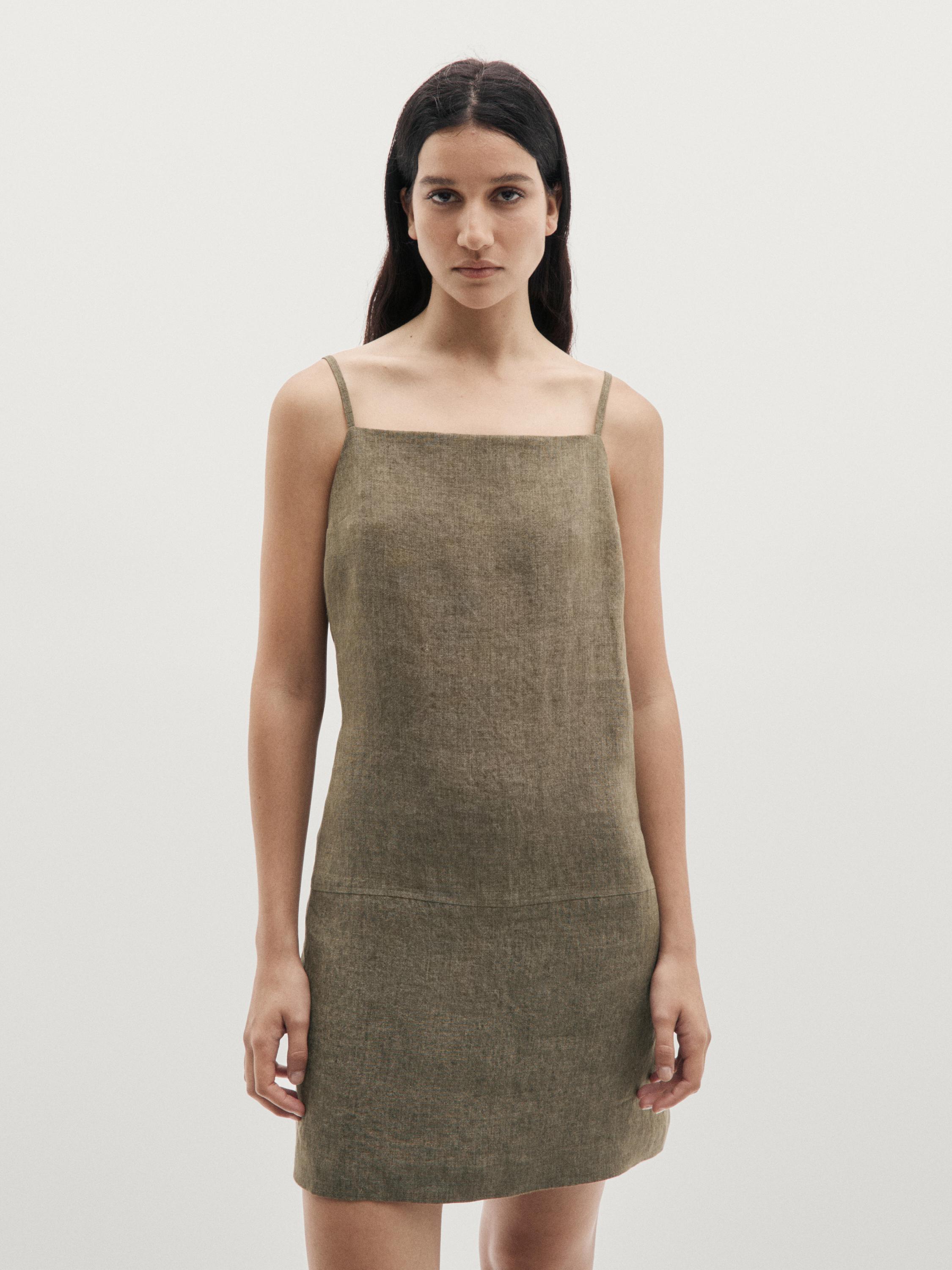 100% Linen Short Dress - Dark Green - L - Massimo Dutti - Women 100% Linen Short Dress - Dark Green - L - Massimo Dutti - Women