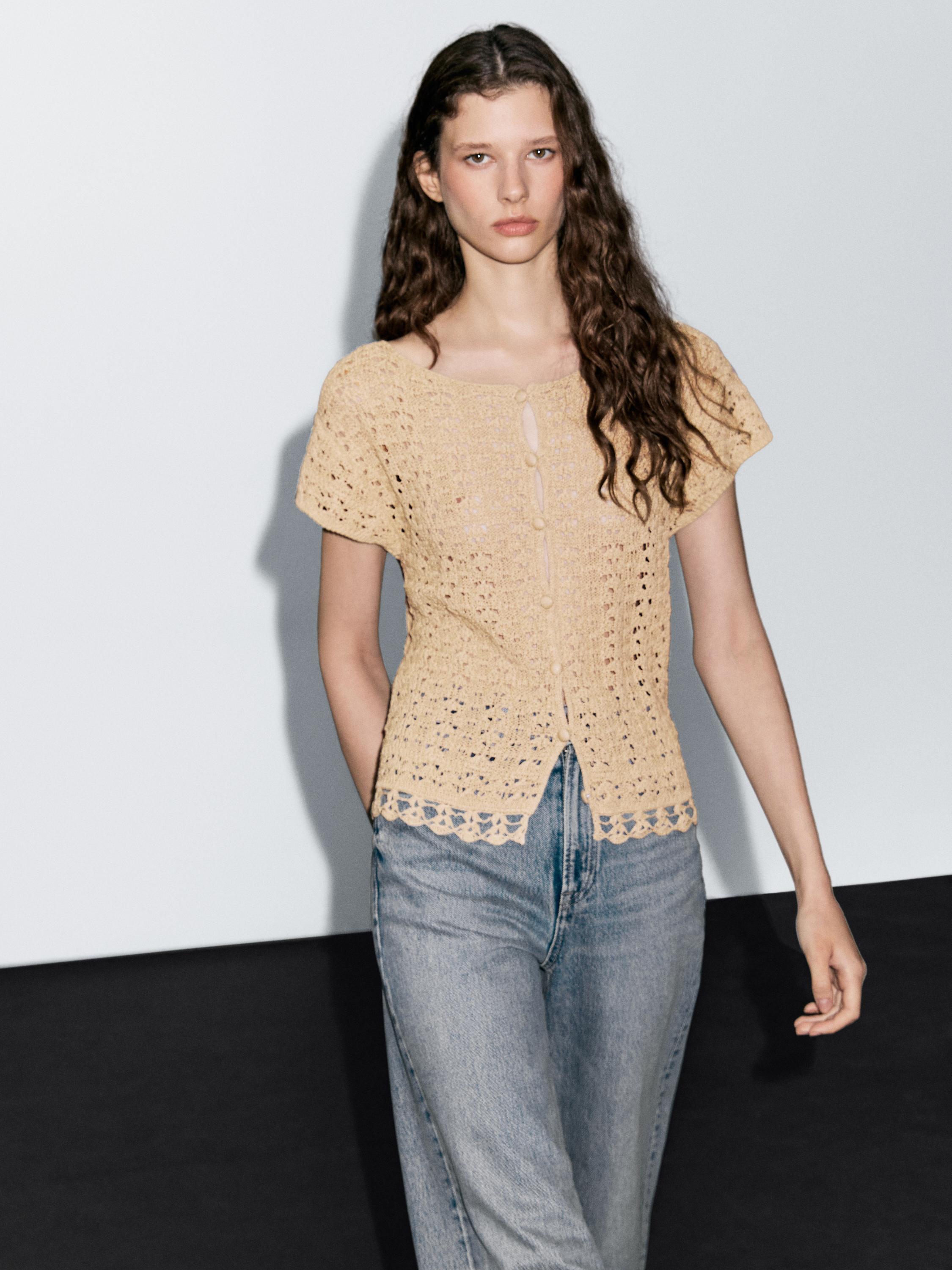 "Áo cardigan len móc kiểu cutwork