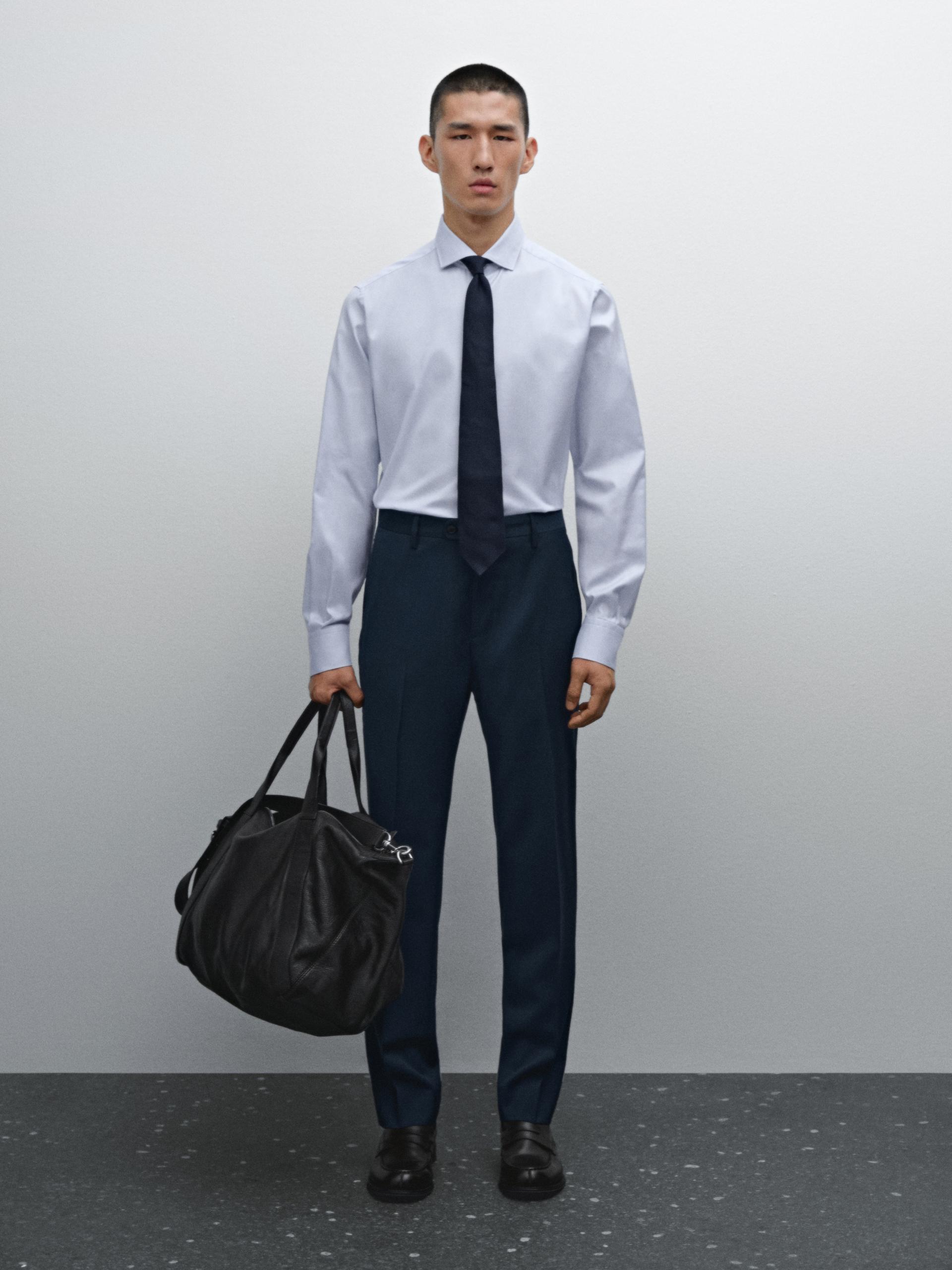 Chemise Slim Microtexturée Coton - Celeste - 41 - Massimo Dutti - Homme
