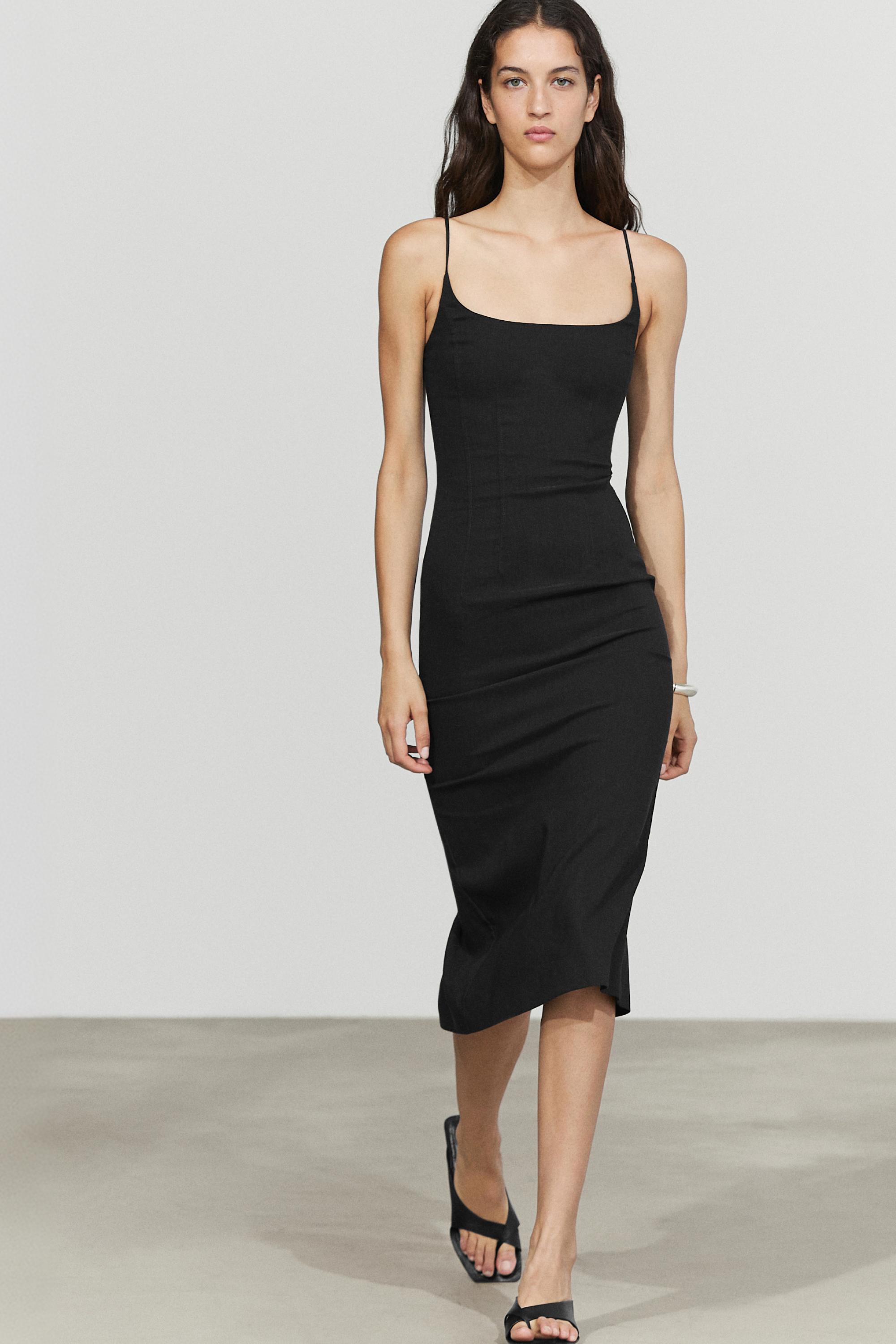 Linen-blend thin strap midi dress — BLACK