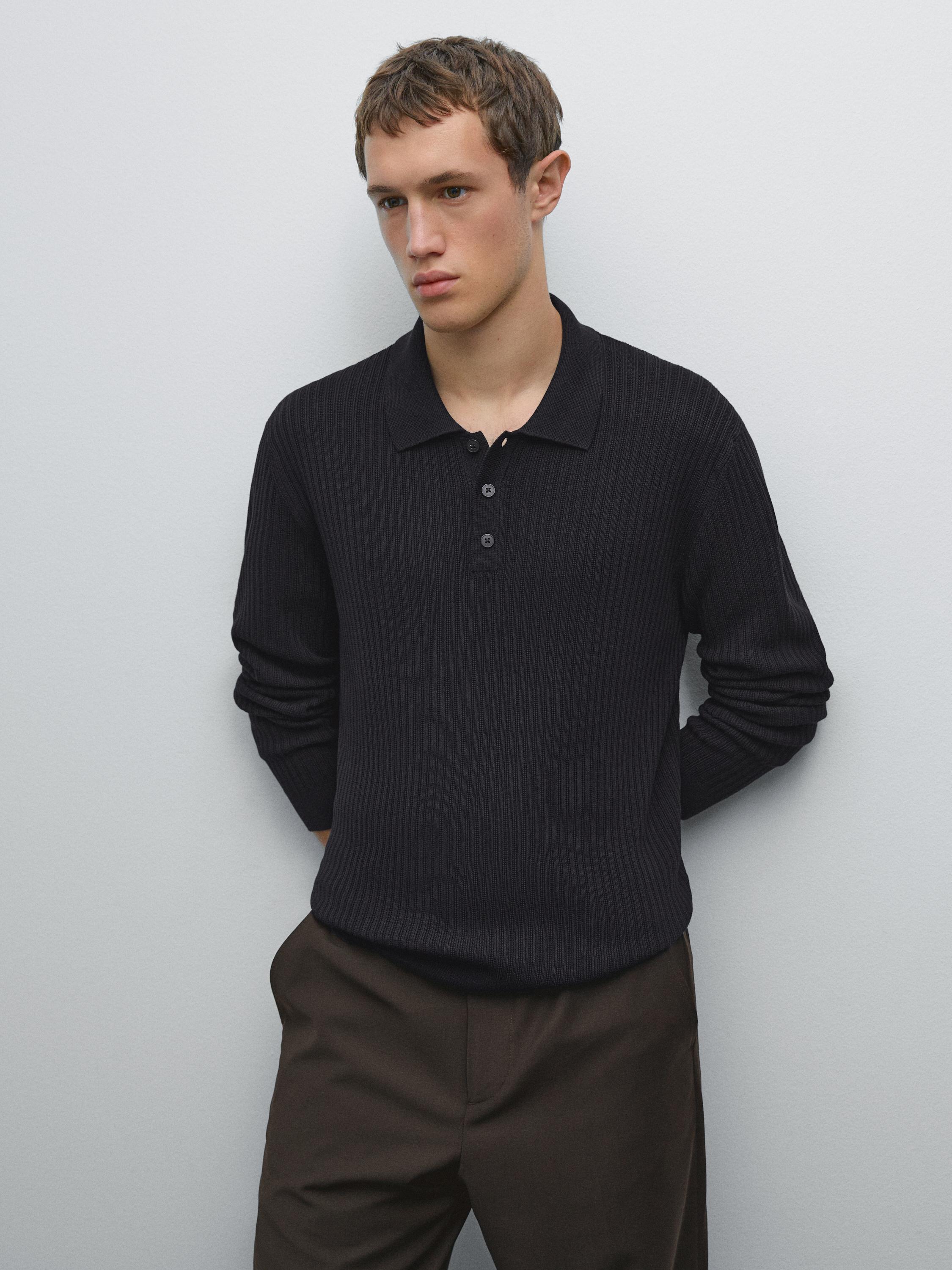 Cotton blend knit polo sweater