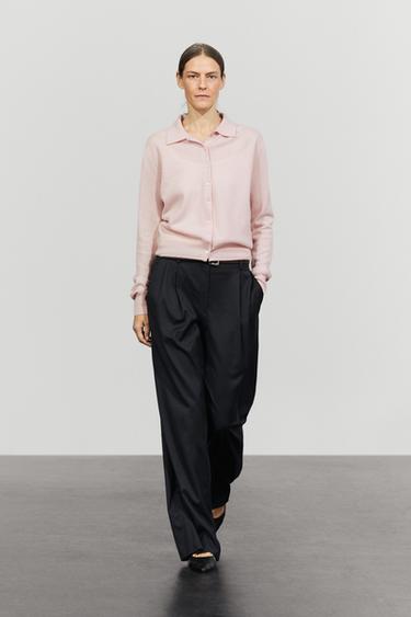 100% cashmere knit polo collar cardigan — Pink 1