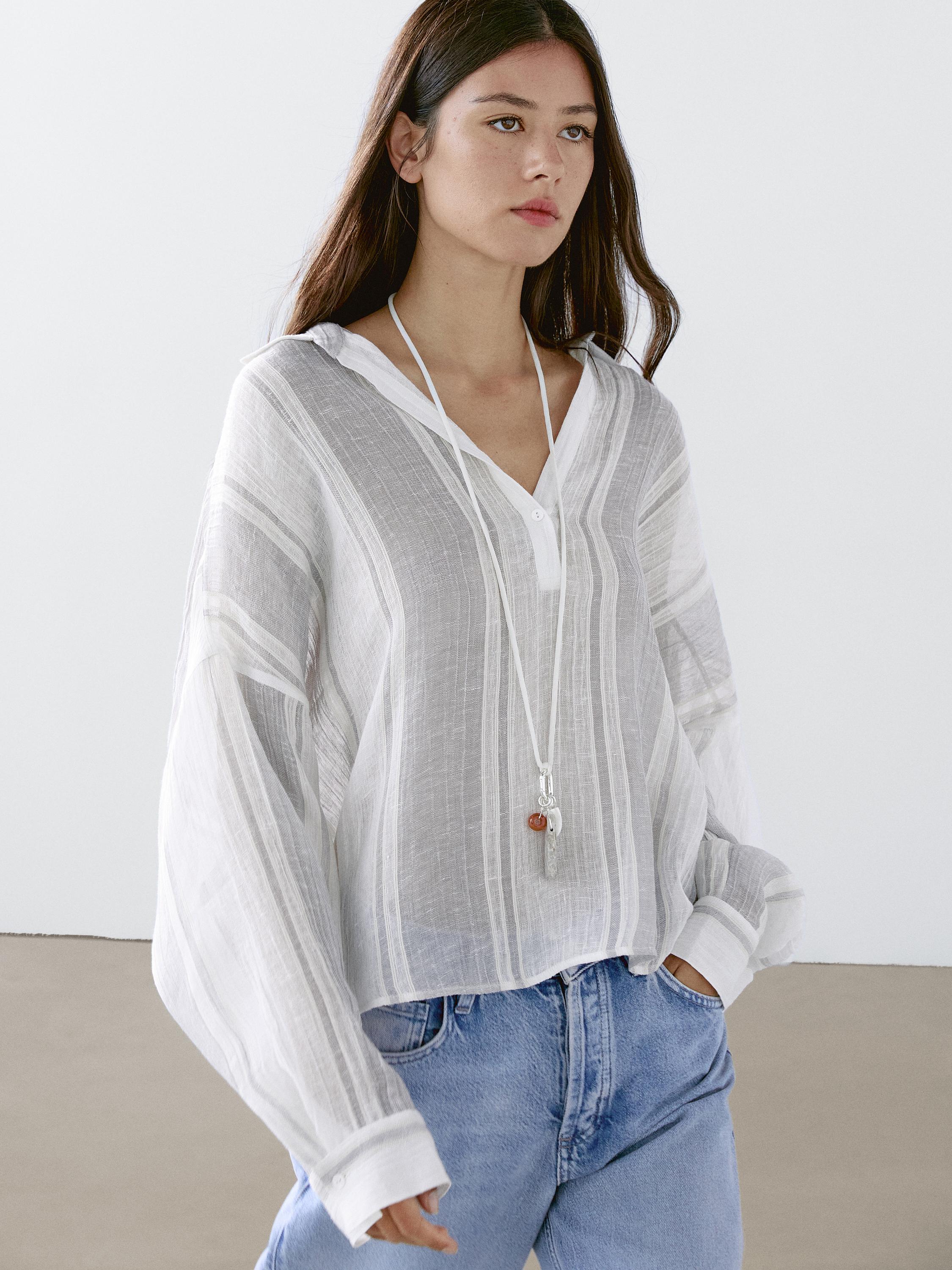 Свободна раирана блуза с примес на лен