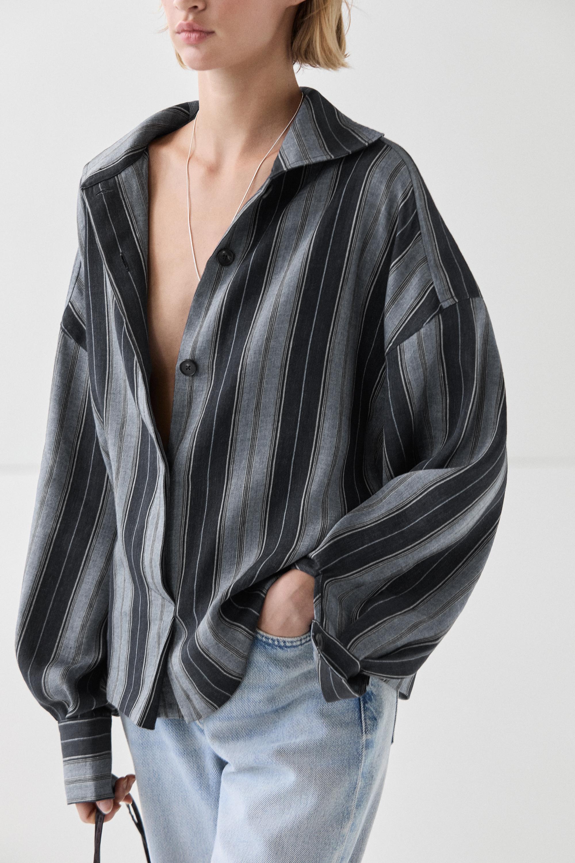 Striped flowing cotton linen shirt — BLUE