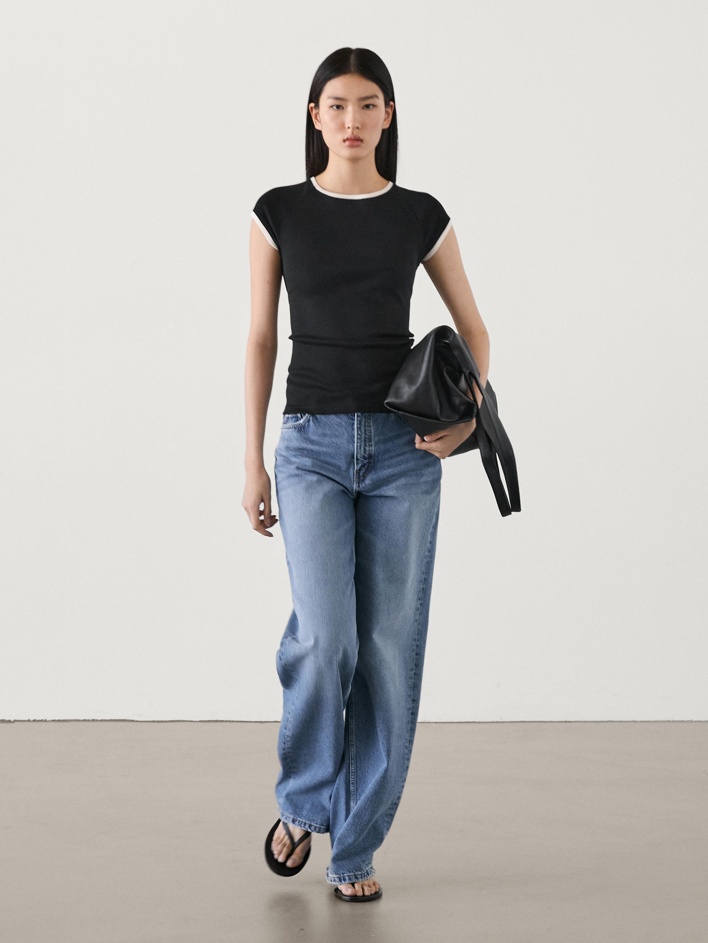 Short sleeve Tshirt with contrast trims · Black, Cream, Toffee · T