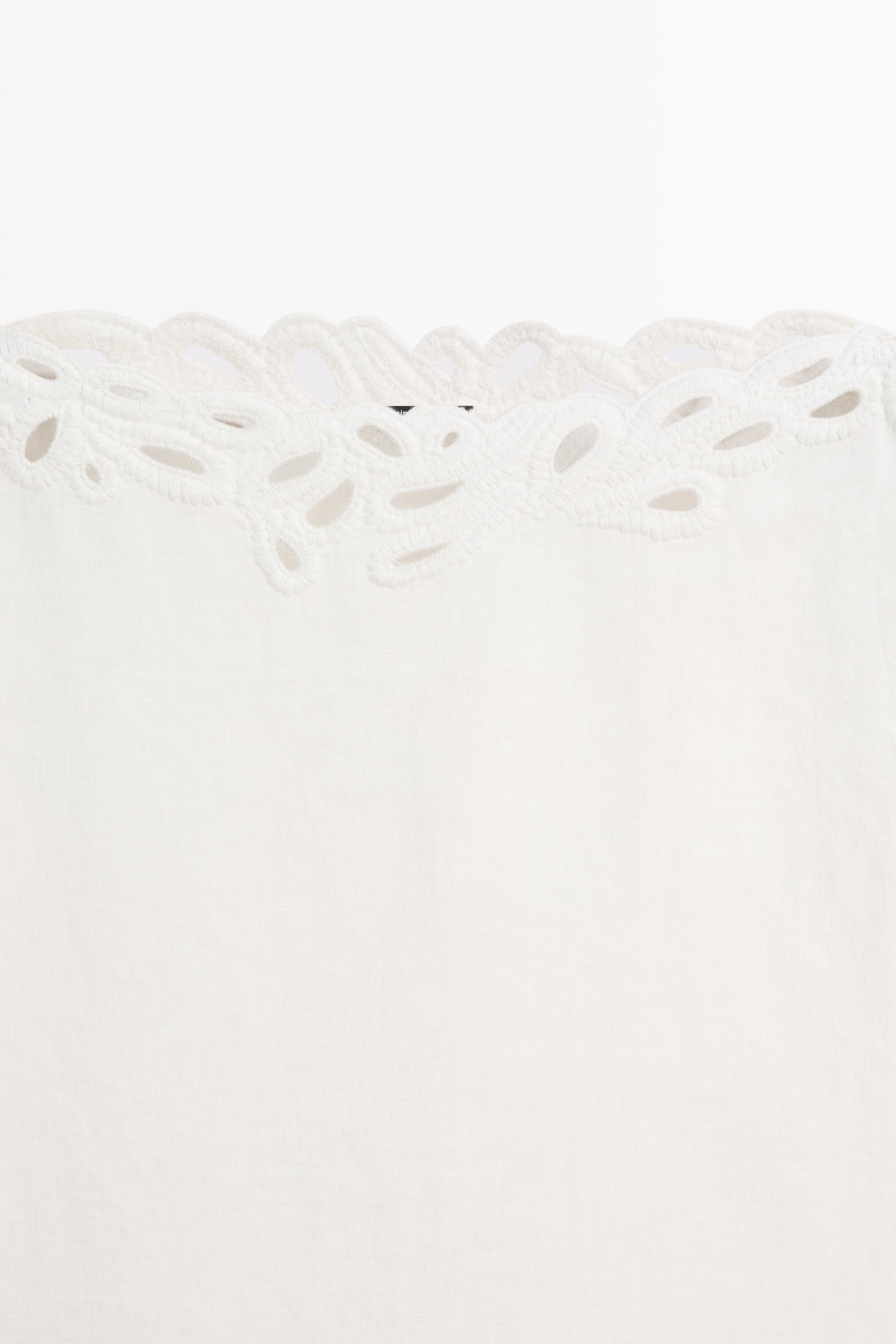 Linen boat neck blouse with embroidery — CREAM