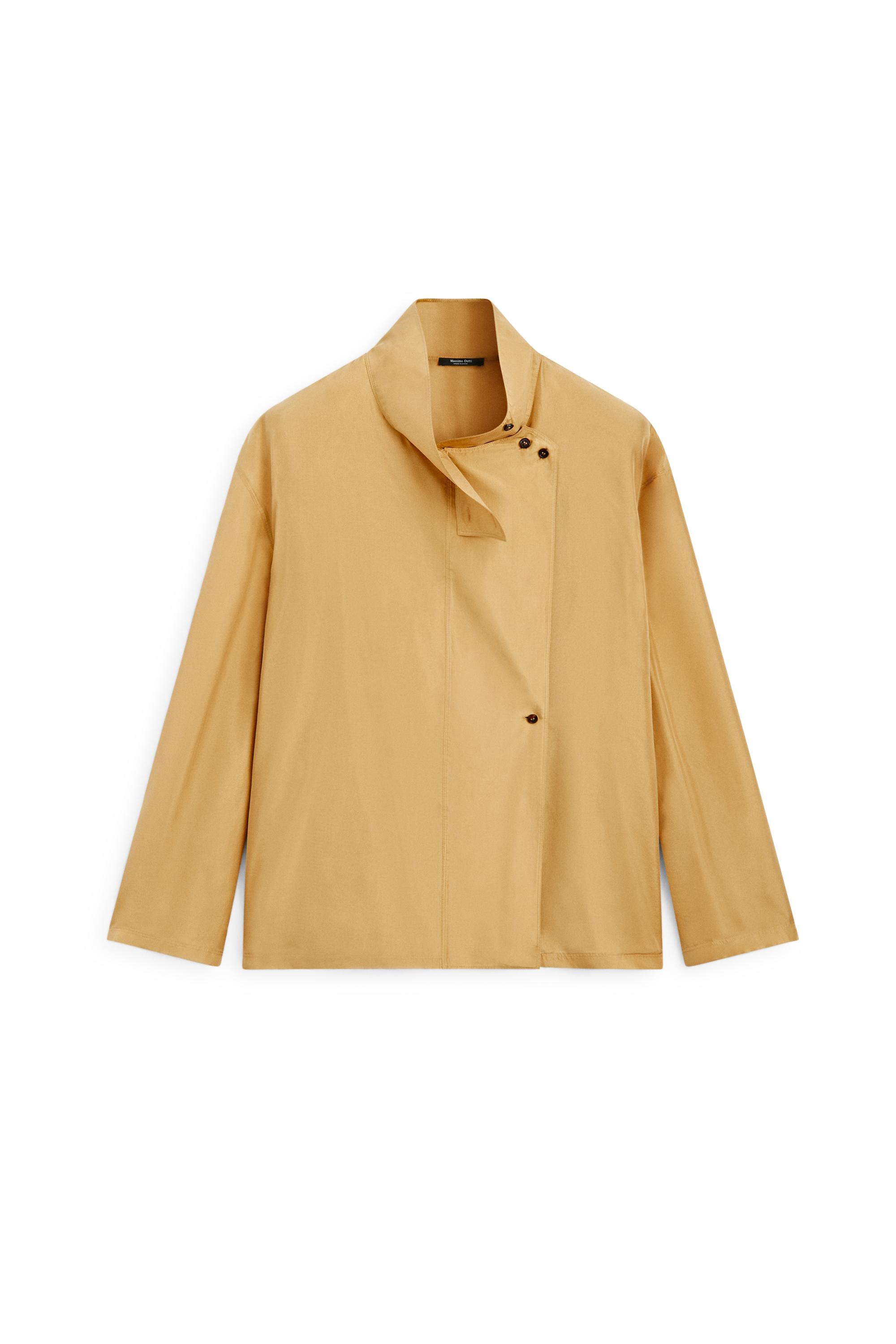 100% silk crossover mock neck shirt — MUSTARD YELLOW