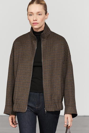 Gingham bomber jacket with removable scarf — BROWN 3