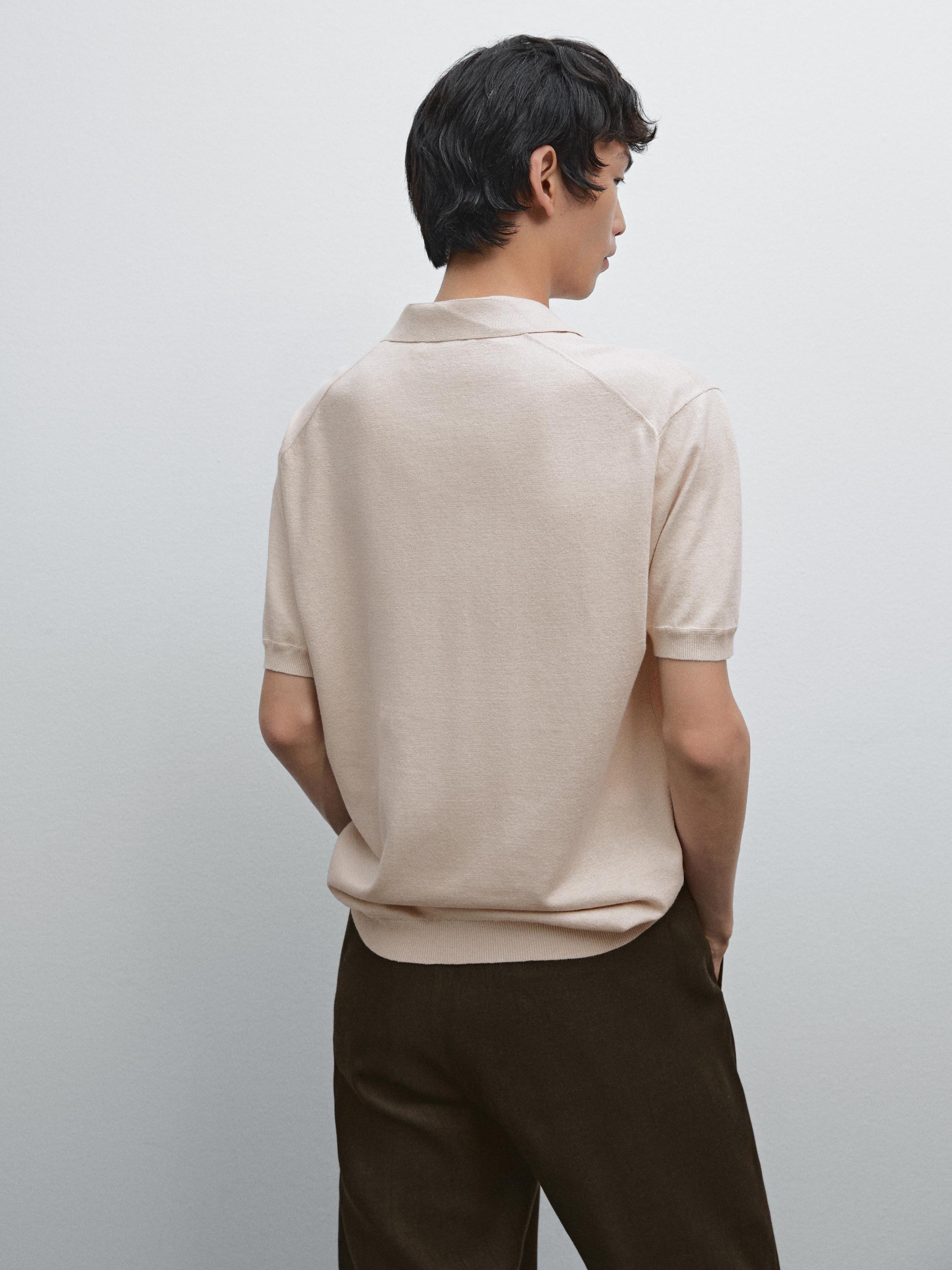Linen blend knit V-neck polo shirt