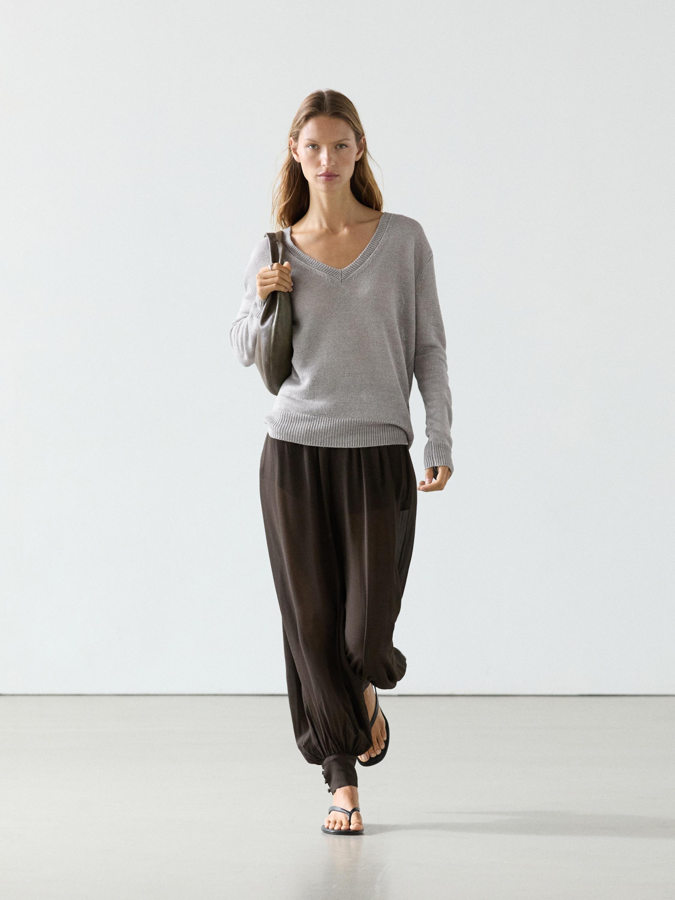 Semi-sheer sarouel trousers with button details — Chocolate