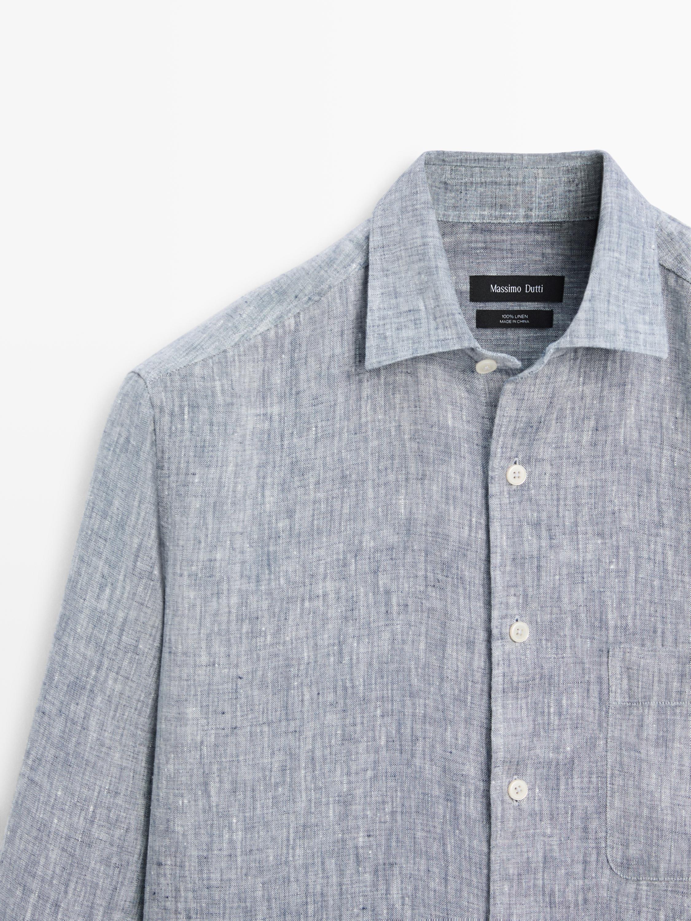 Regular fit linen shirt with pocket — BLUE