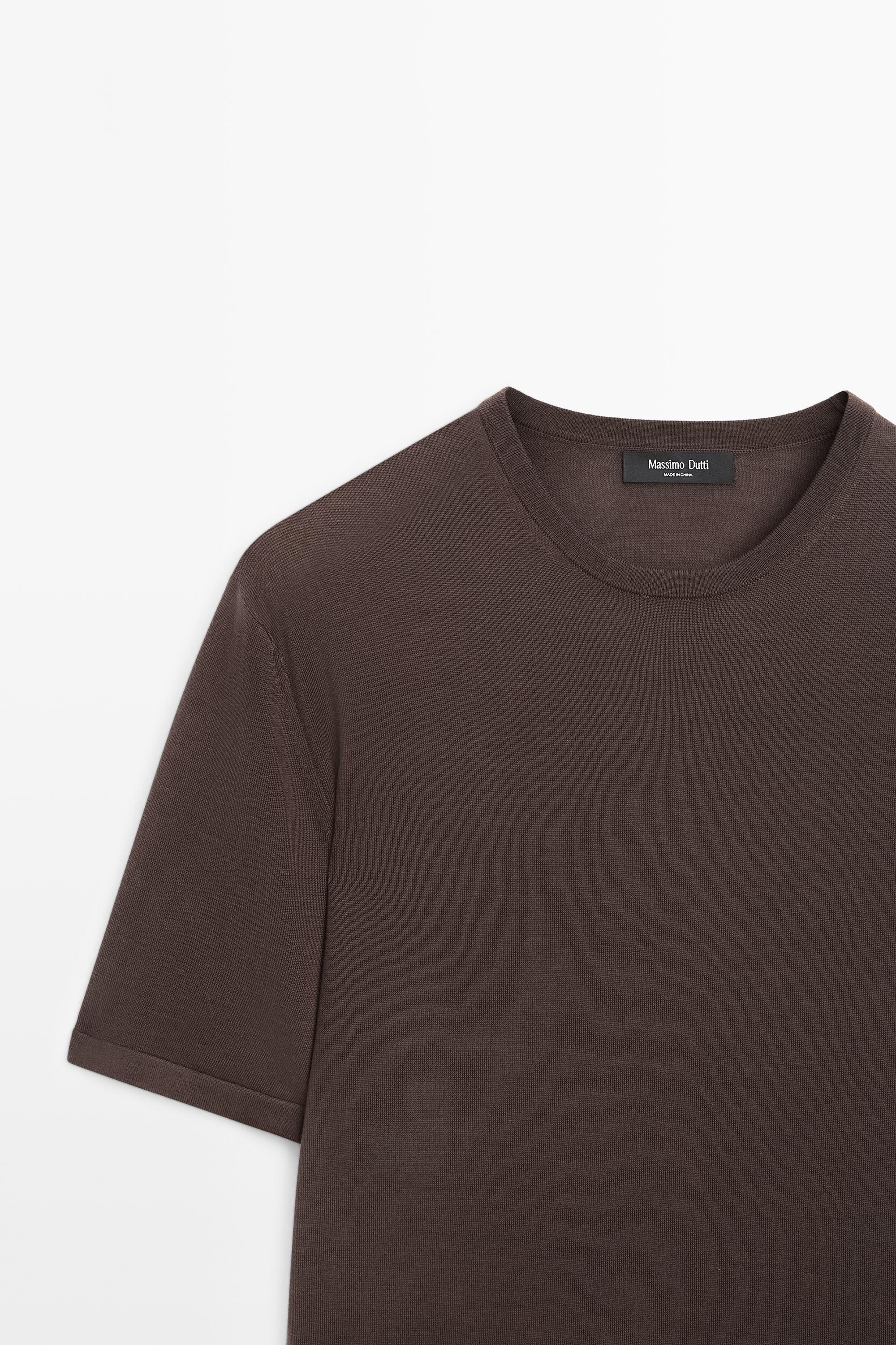 Wool-blend short-sleeve knit sweater — MOLE BROWN