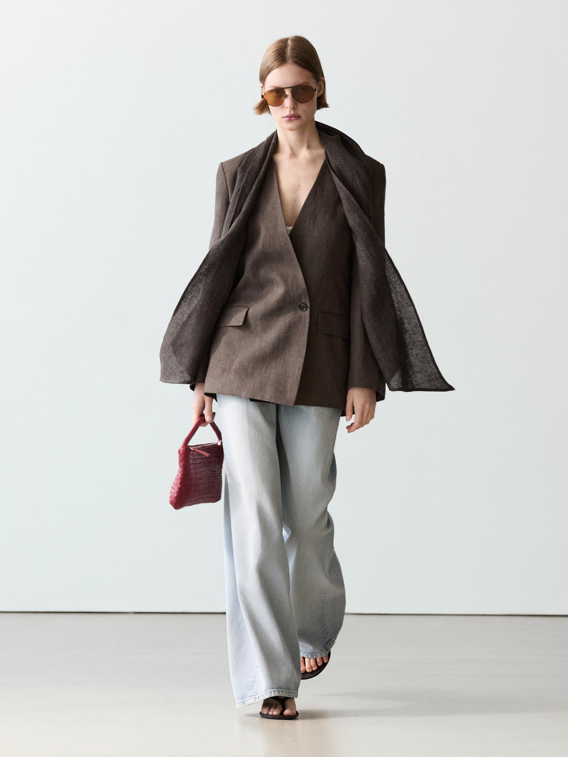 Blazer Com Lenço Em Linho Mesclado - Castanho Toupeira - 34 - Massimo Dutti - Mulher