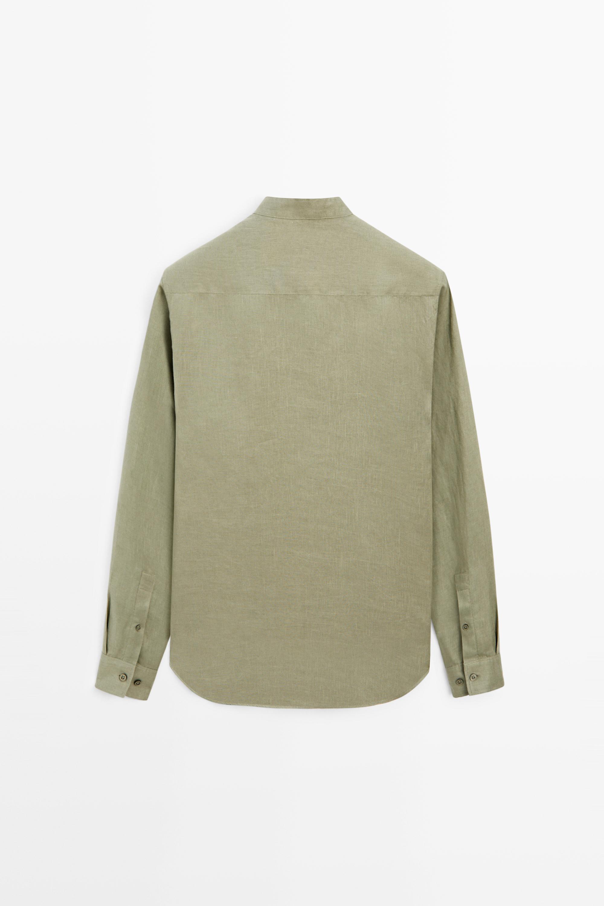 100% linen regular fit stand collar shirt — PALE GREEN