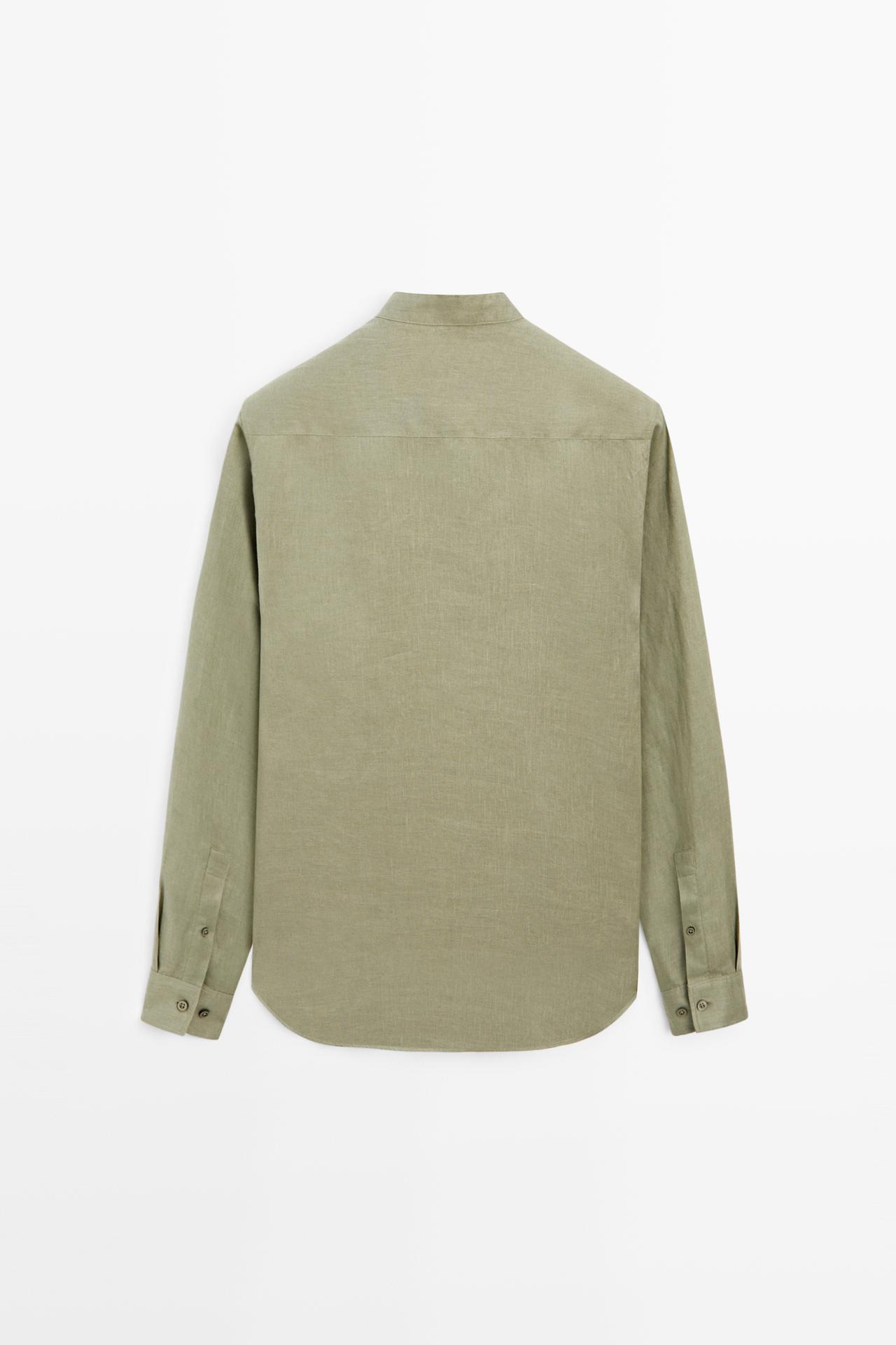 100% linen regular fit stand collar shirt — PALE GREEN