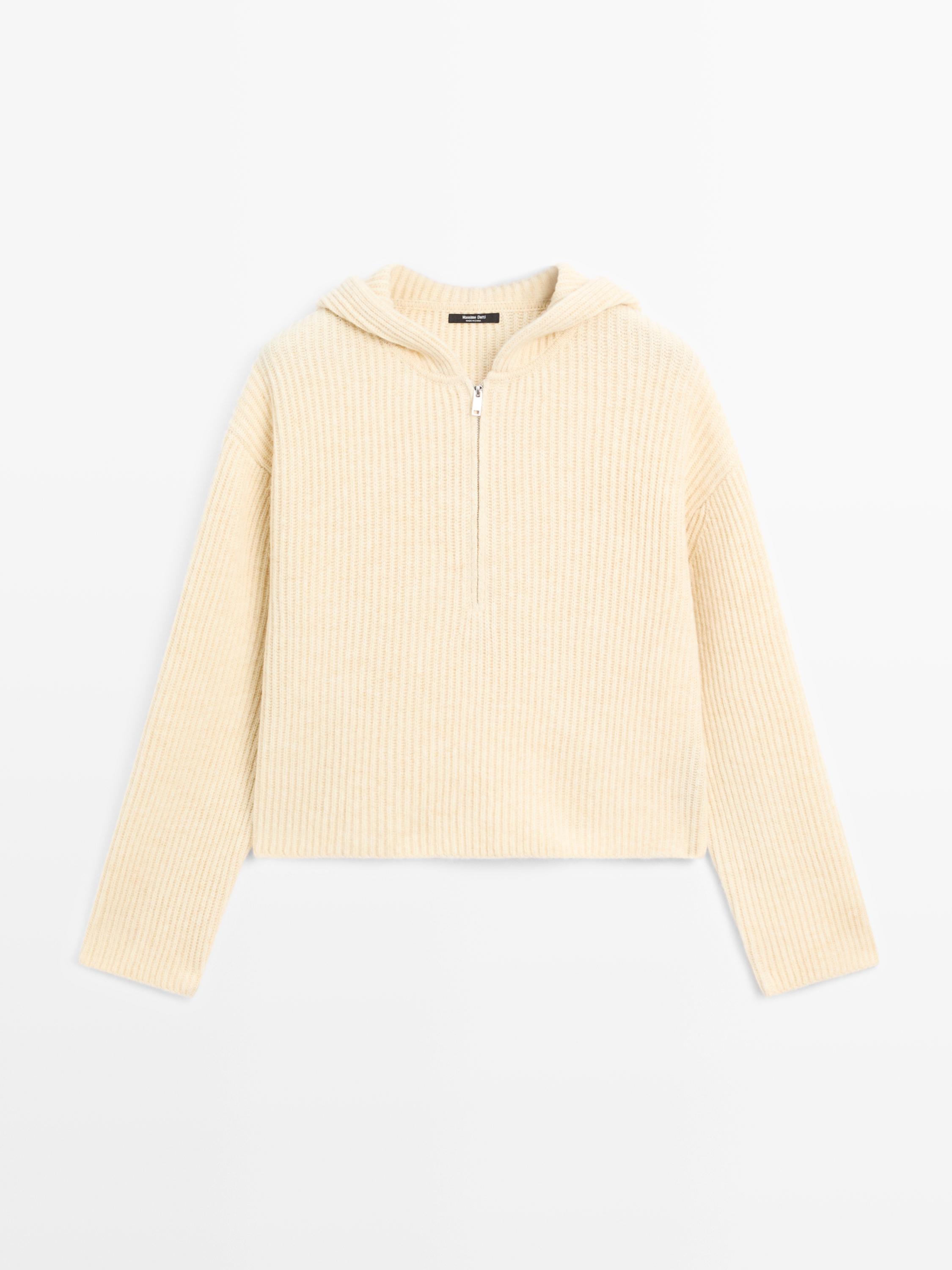 سويتر محاك من الصوف المخلوط مفصل بغطاء رأس