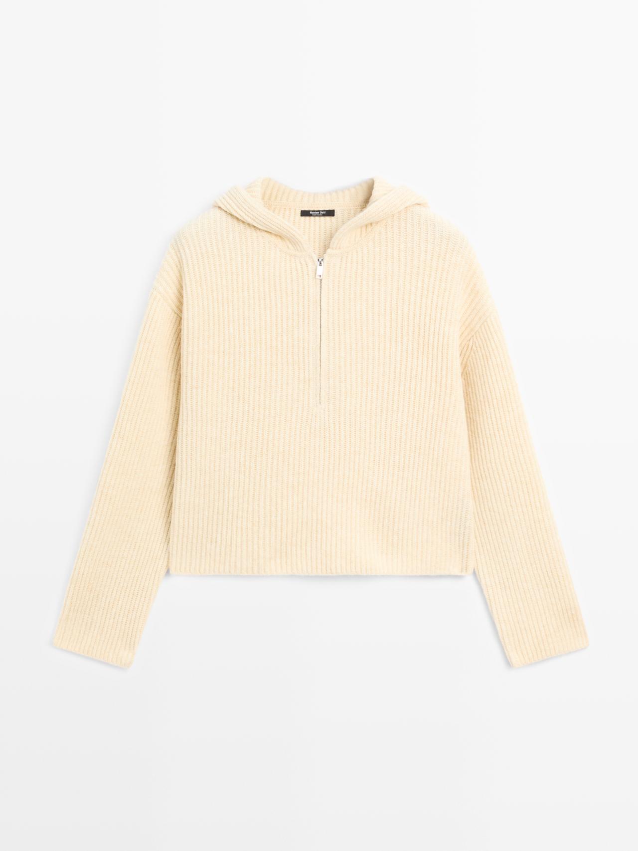 Massimo Dutti - Dame - Strikket Trøje I Uldblanding Med Hætte - Limegrøn - L