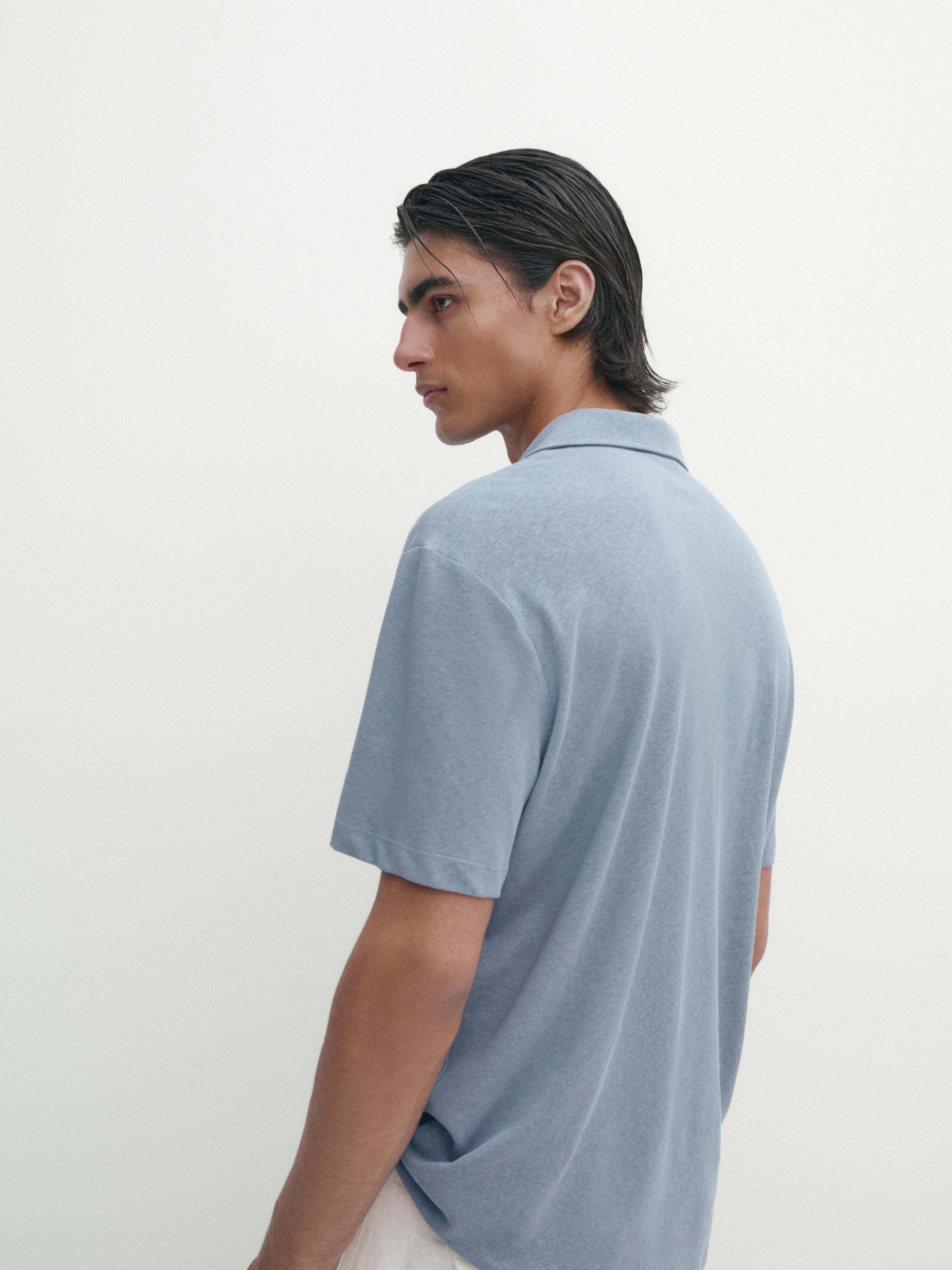 قميص بولو من الكتان المخلوط بأكمام قصيرة