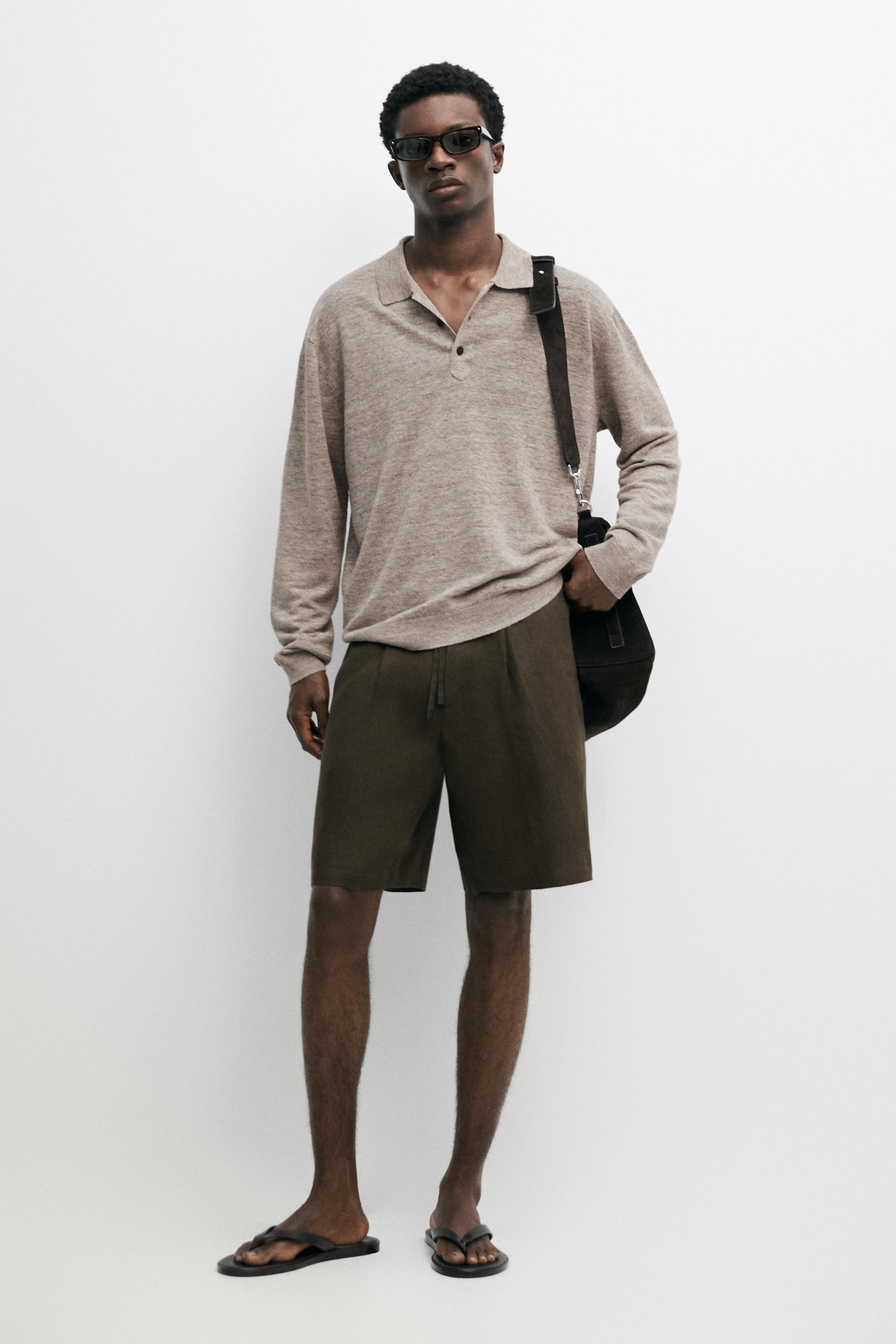 100% linen knit polo collar sweater — BEIGE MARL