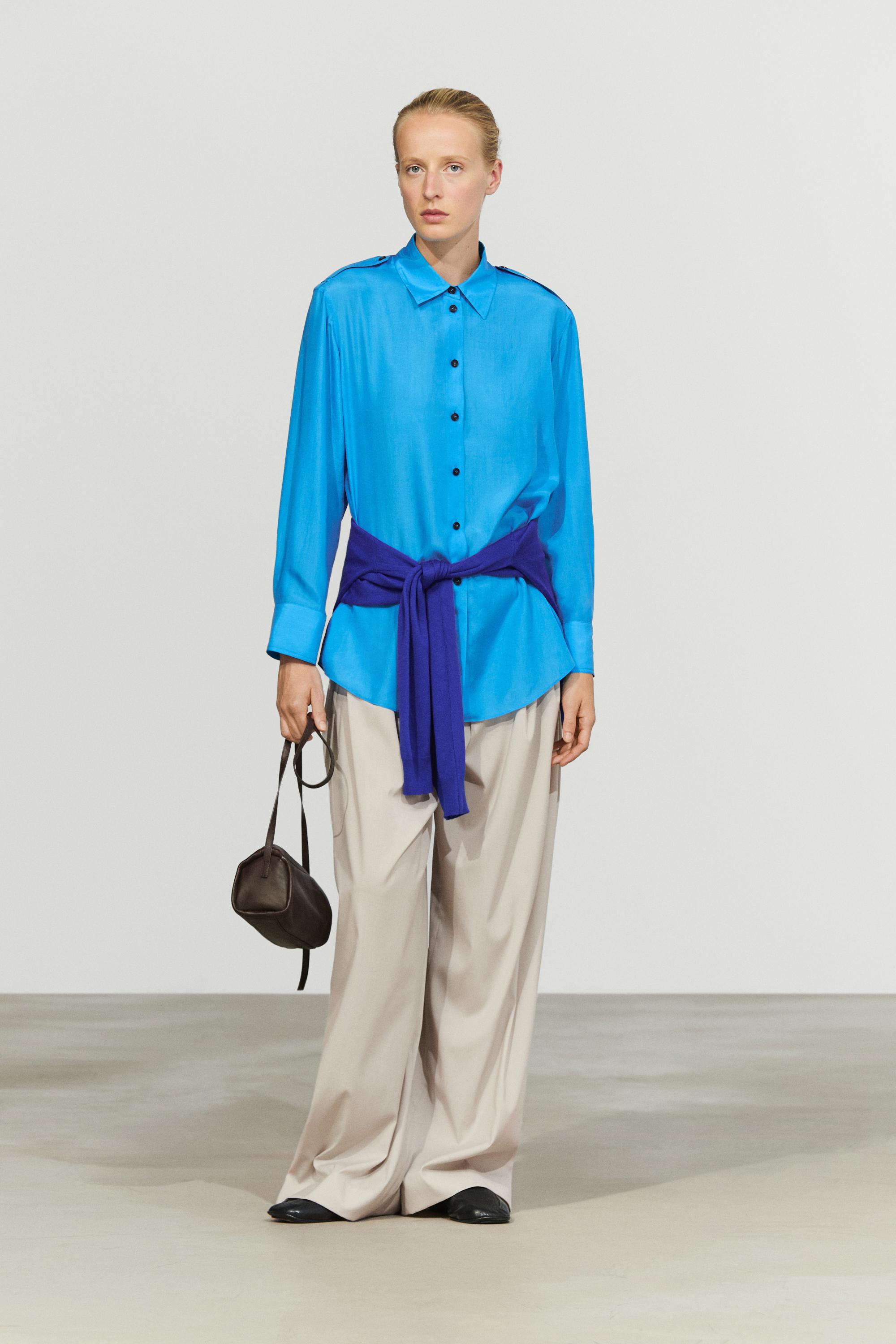 Flowing 100% silk shirt with shoulder detail — DEEP BLUE