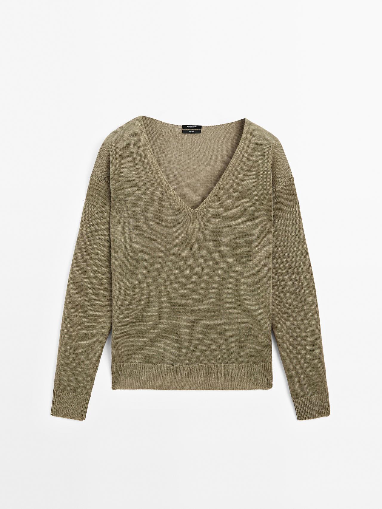 Massimo Dutti - Dame - Langærmet Sweater I 100% Hør - Grøn - Xs
